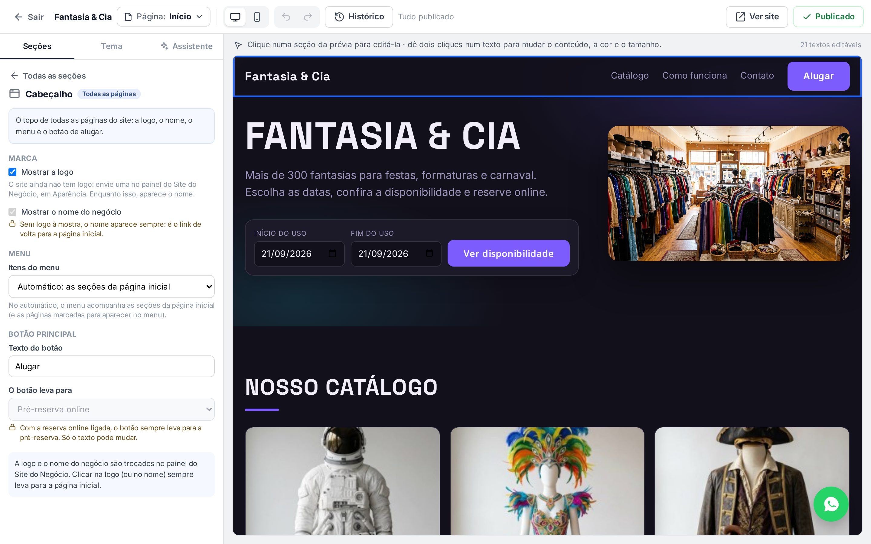 Painel do Cabeçalho com o botão Alugar e o destino travado em Pré-reserva online