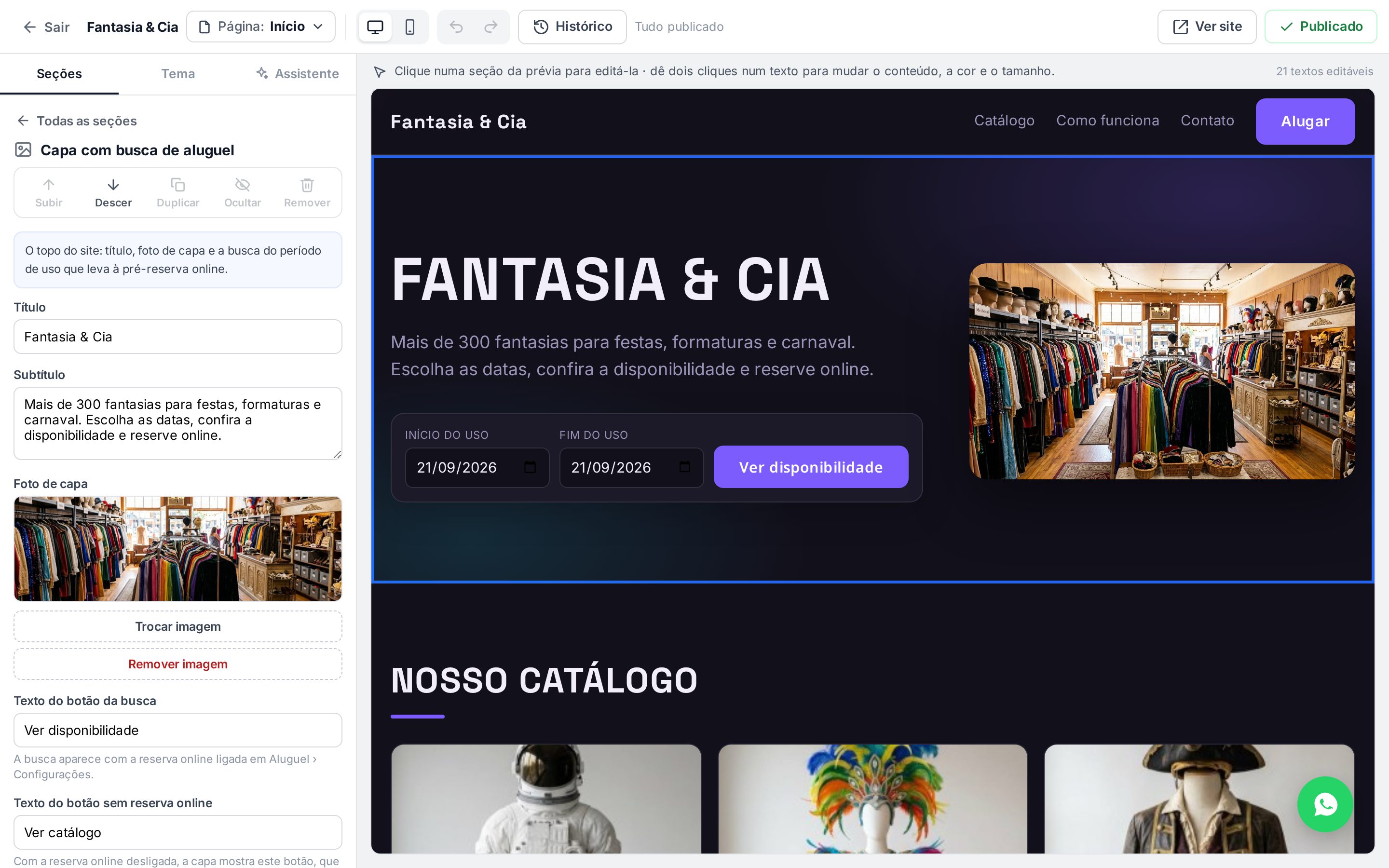 Painel da Capa com busca de aluguel com título, subtítulo, foto, texto do botão da busca e texto do botão sem reserva online