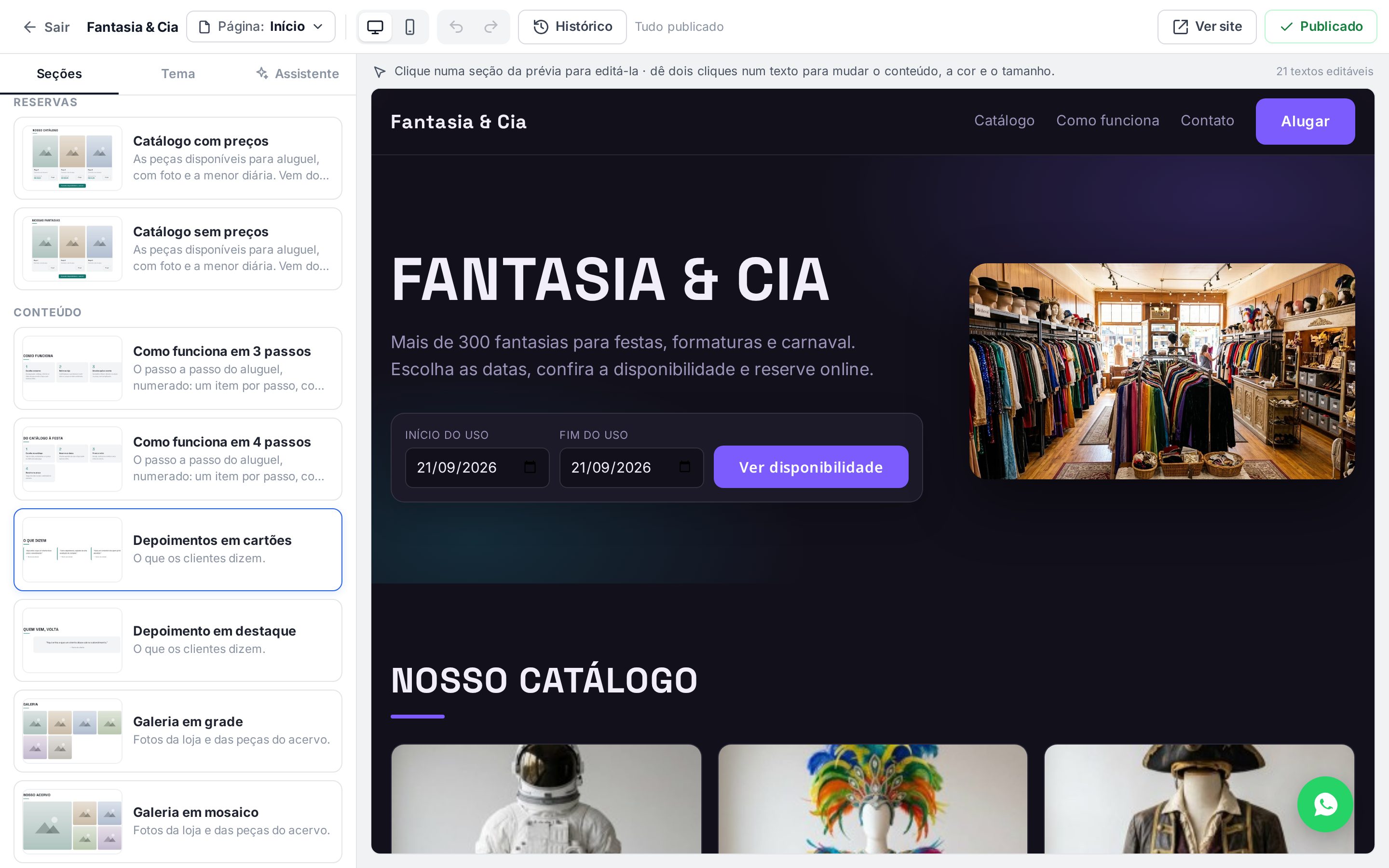 Catálogo de seções com o grupo Reservas: Catálogo com preços e Catálogo sem preços, e Como funciona em 3 e 4 passos