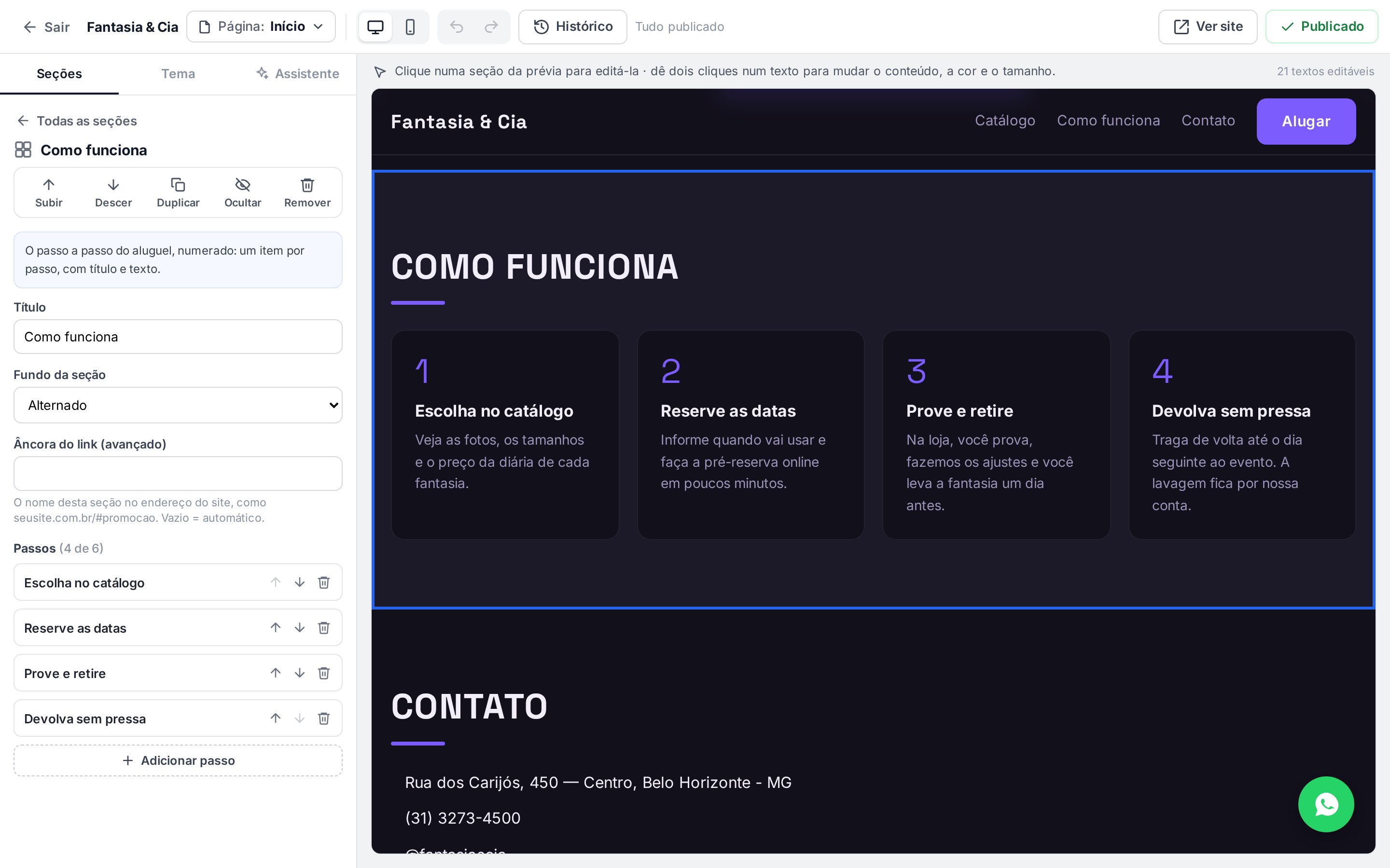 Seção Como funciona com quatro passos como itens e o botão Adicionar passo
