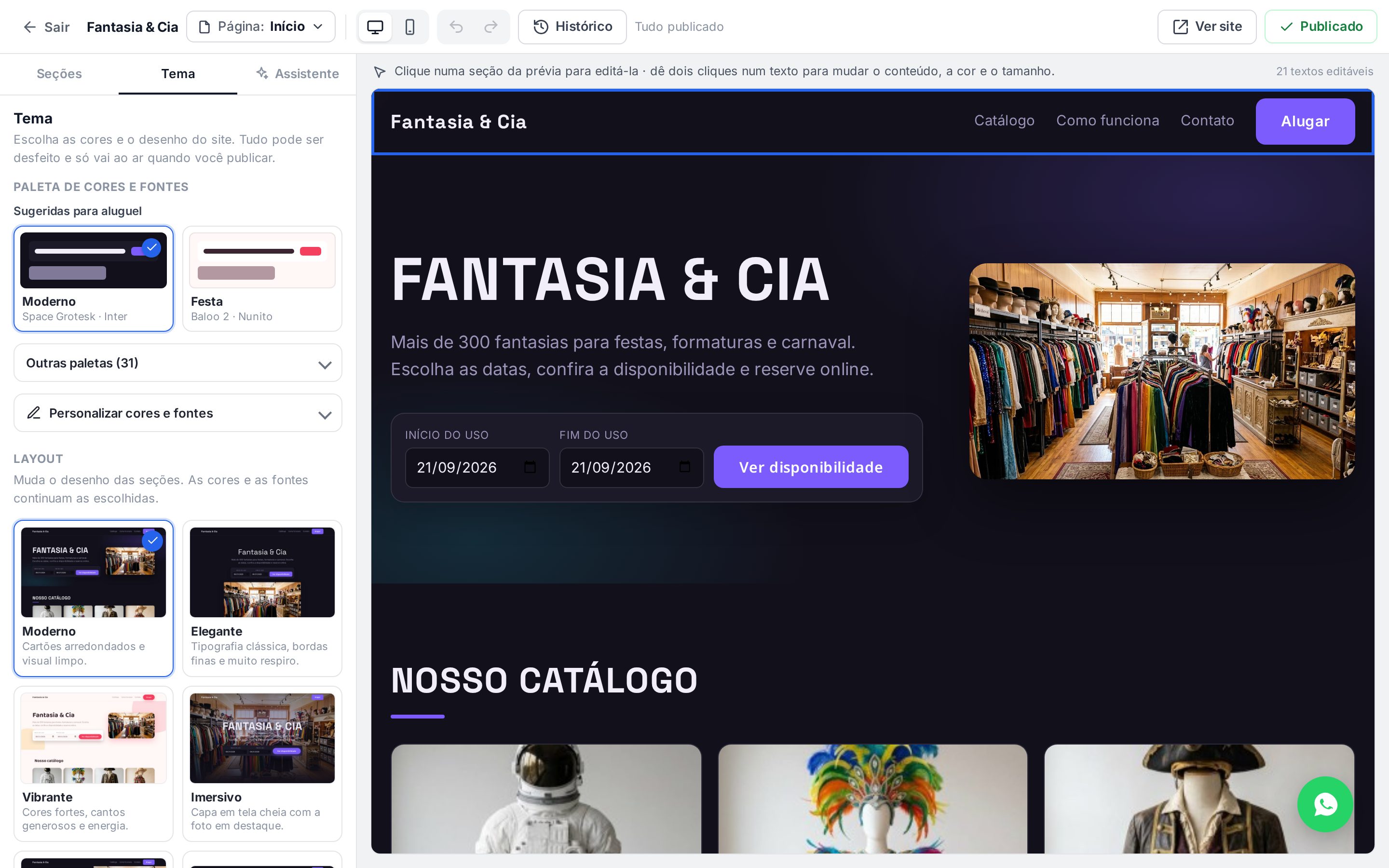 Aba Tema com as paletas sugeridas para aluguel, Moderno e Festa, e os layouts com miniaturas da loja