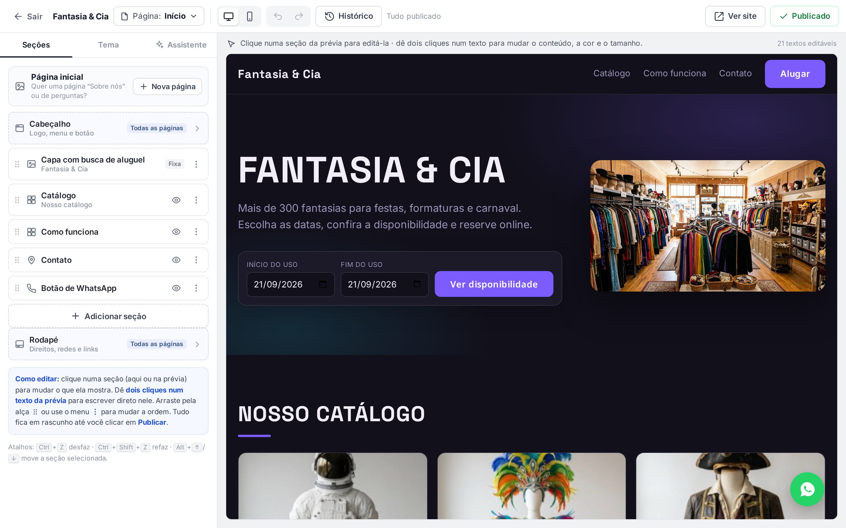 Editor visual da Fantasia & Cia com a Capa com busca de aluguel marcada como Fixa, Catálogo, Como funciona e Contato