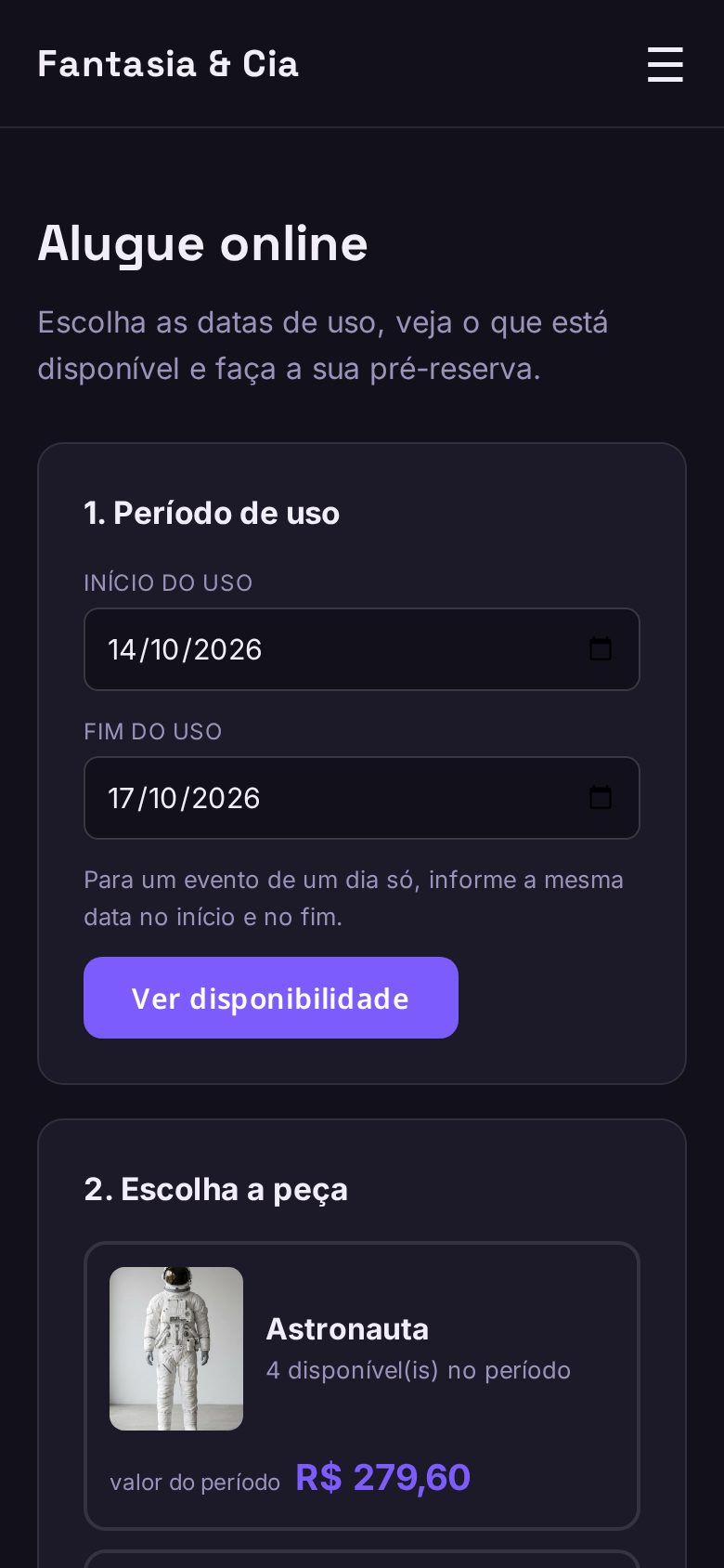 Página Alugue online no celular com o período e as peças disponíveis