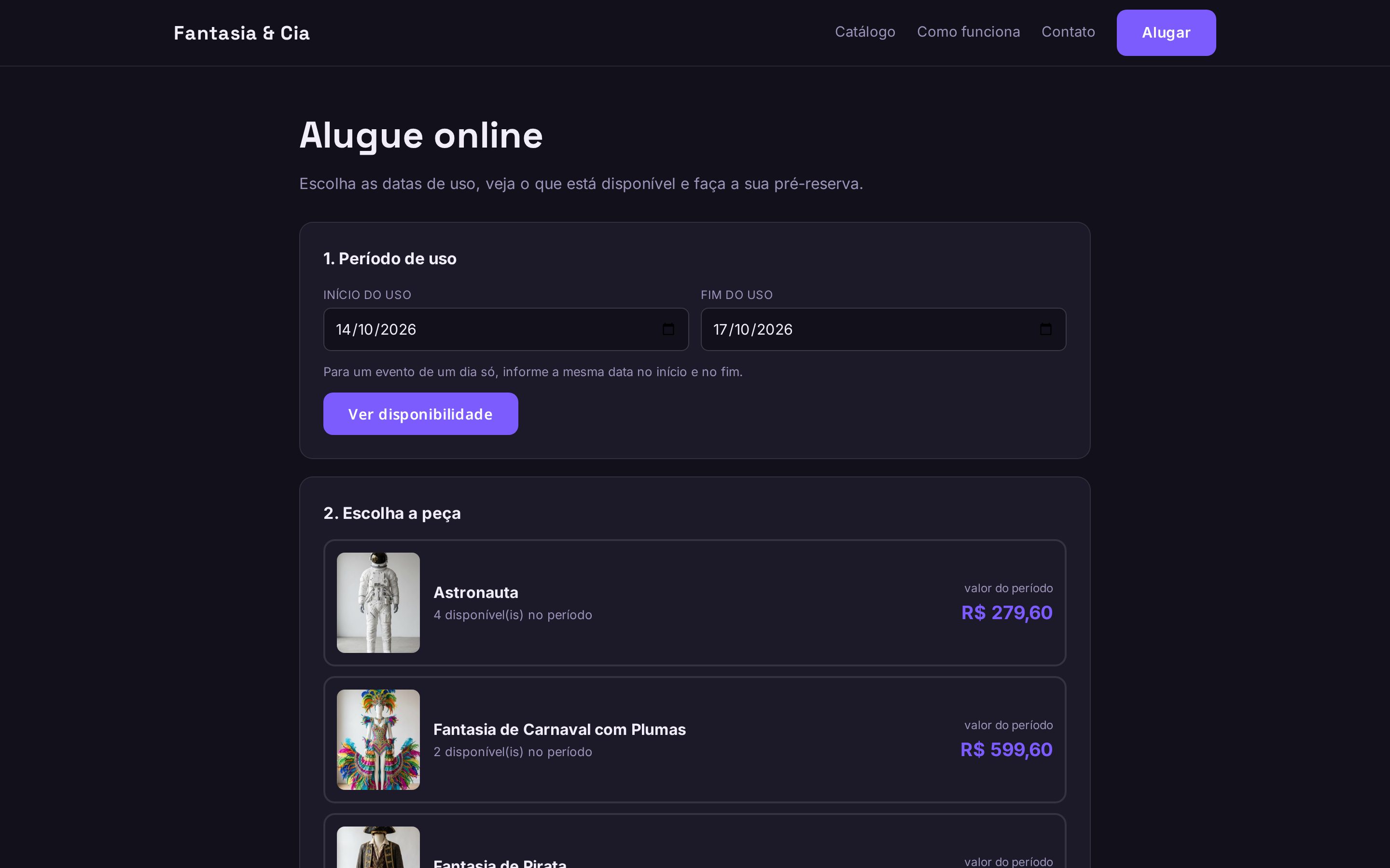 Página Alugue online com o período de uso e as peças disponíveis, com a quantidade e o valor do período