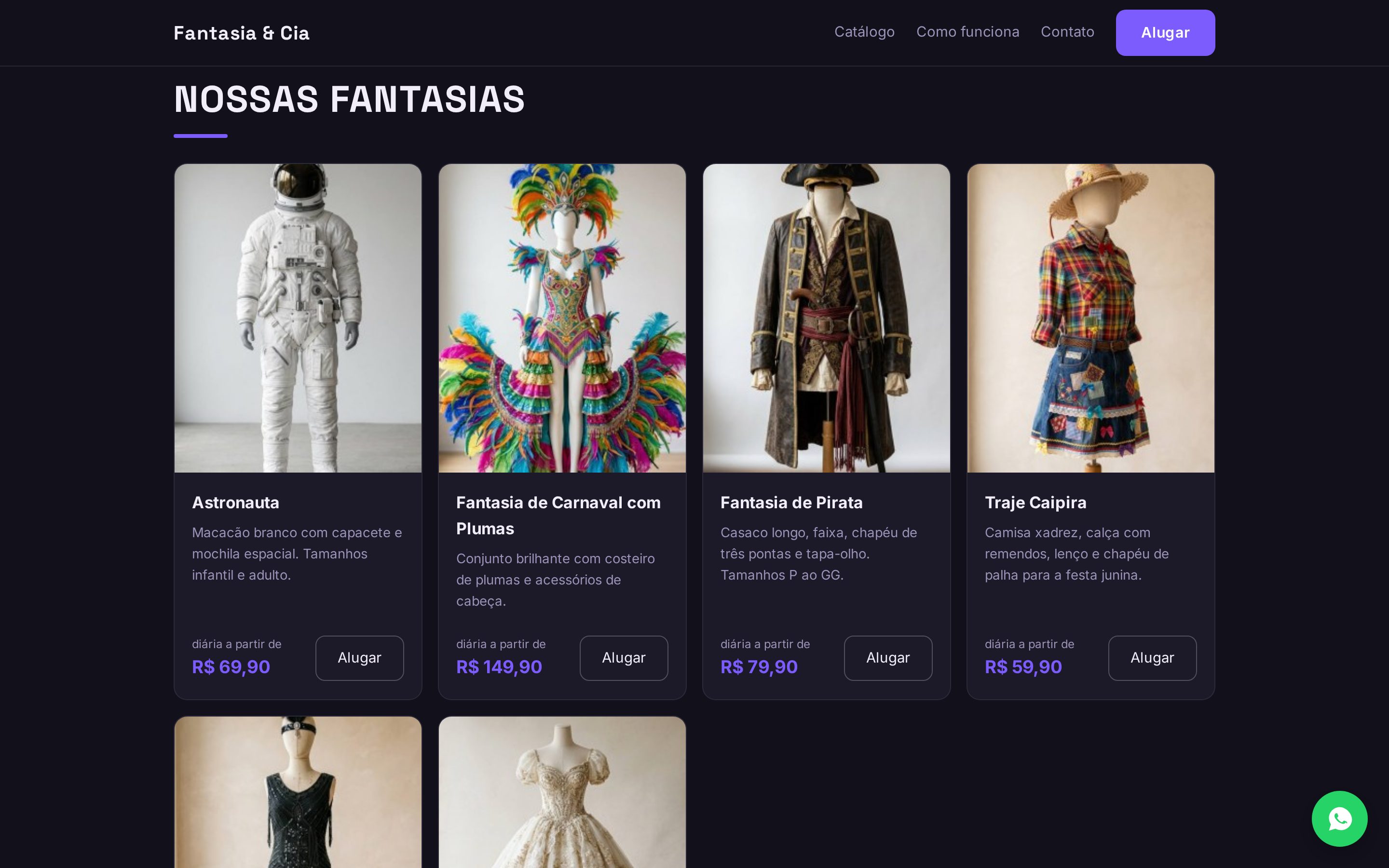Catálogo Nossas fantasias com foto, descrição, diária a partir de e botão Alugar