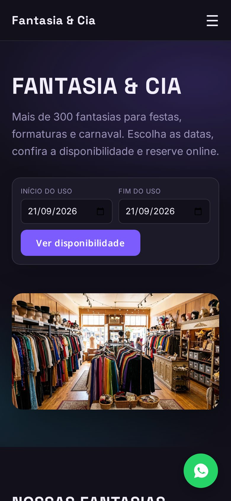 Site da loja de fantasias no celular com a capa e a busca do período
