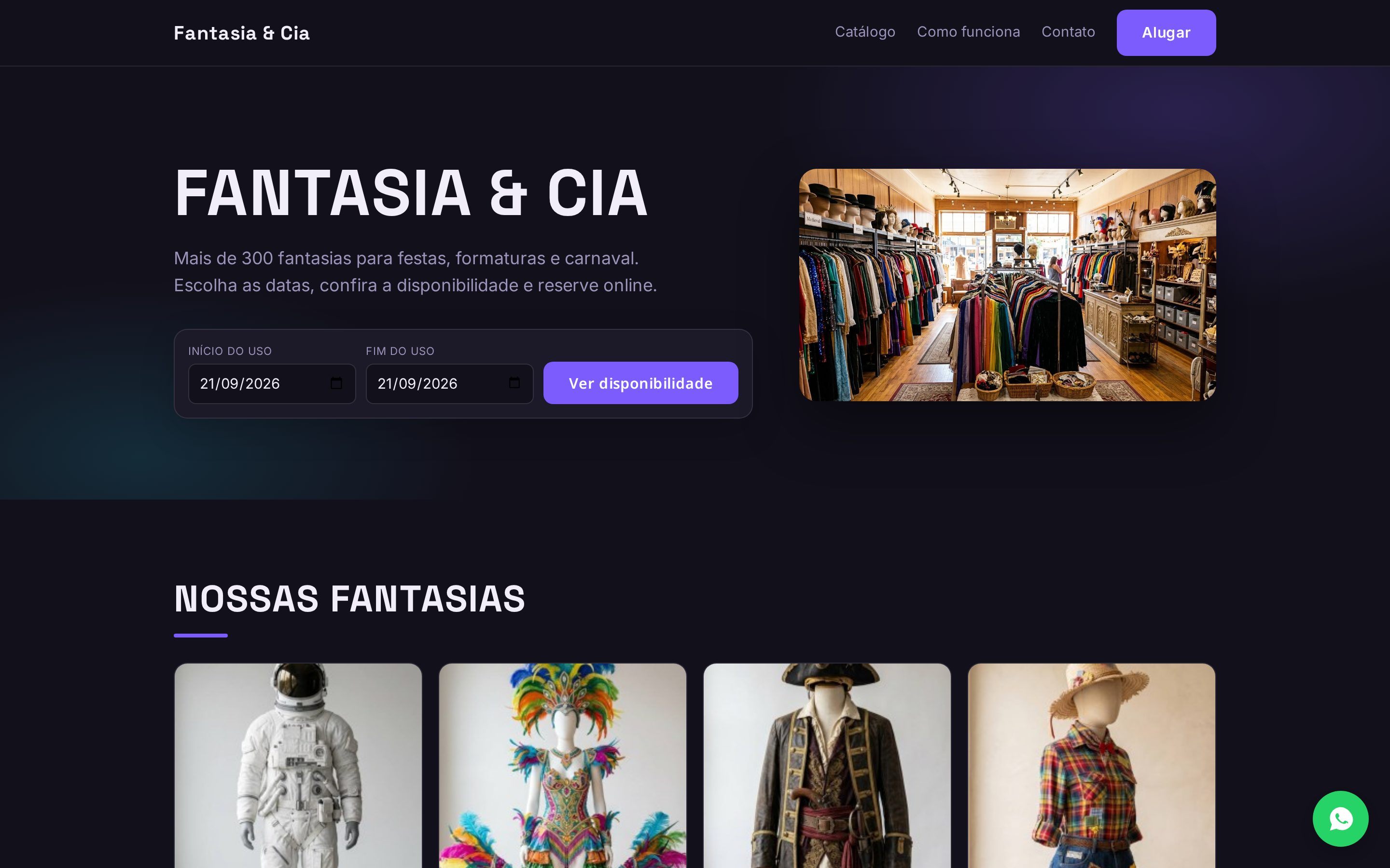 Site da Fantasia & Cia com a capa, a busca de início e fim do uso e o catálogo de fantasias