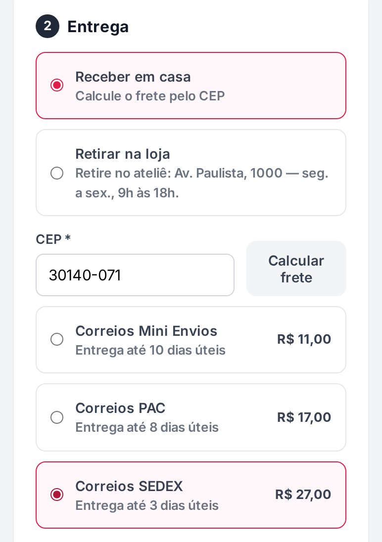 Bloco Entrega do checkout no celular, com Correios SEDEX escolhido