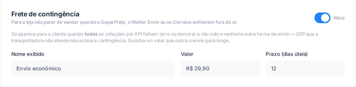 Cartão Frete de contingência ativo com o nome Envio econômico, valor de R$ 29,90 e prazo de 12 dias úteis