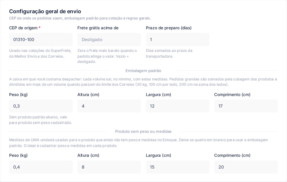 Configuração geral de envio com CEP de origem 01310-100, frete grátis desligado, prazo de preparo de 1 dia, embalagem padrão de 0,3 kg e 4 por 12 por 17 centímetros e produto sem peso ou medidas de 0,4 kg e 8 por 15 por 20 centímetros