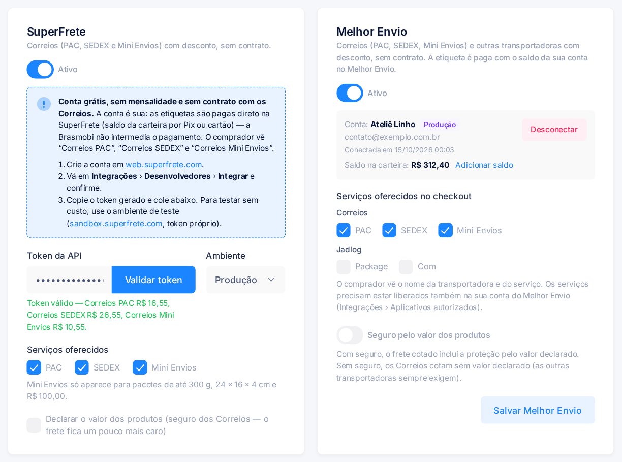 Cartões do SuperFrete e do Melhor Envio na aba Envio: SuperFrete ativo com o token validado e PAC, SEDEX e Mini Envios marcados; Melhor Envio conectado à conta Ateliê Linho, com saldo na carteira e os serviços dos Correios marcados
