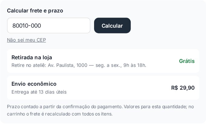Calculadora de frete com o SuperFrete fora do ar mostrando Retirada na loja grátis e Envio econômico por R$ 29,90 com entrega em até 13 dias úteis