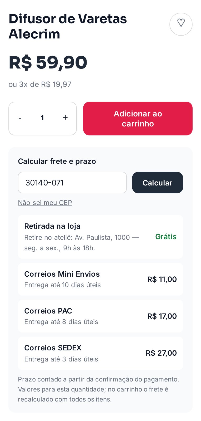 A mesma calculadora de frete na página do produto, no celular