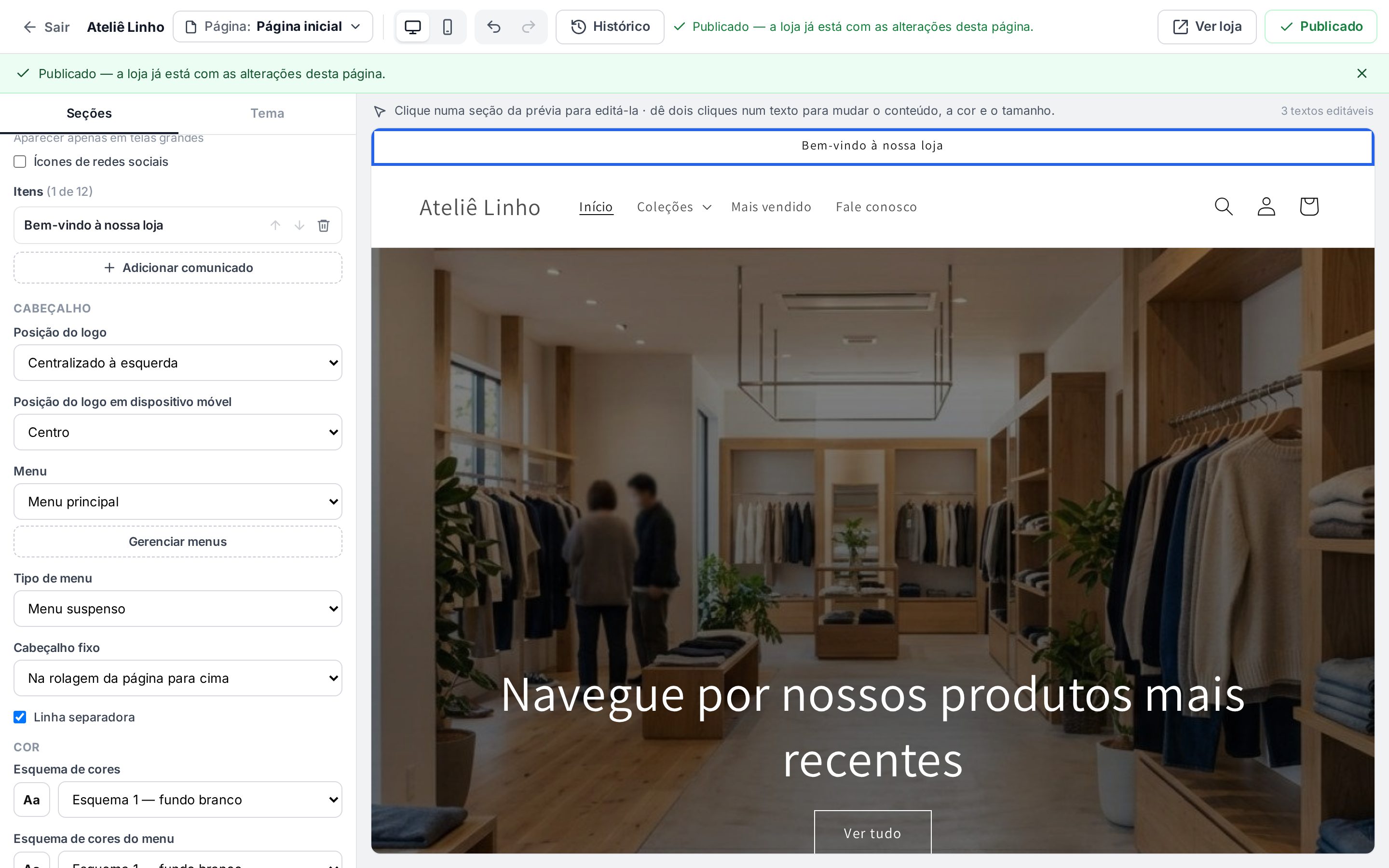 Cabeçalho do tema Dawn no editor com Posição do logo, o campo Menu com Menu principal selecionado e o botão Gerenciar menus