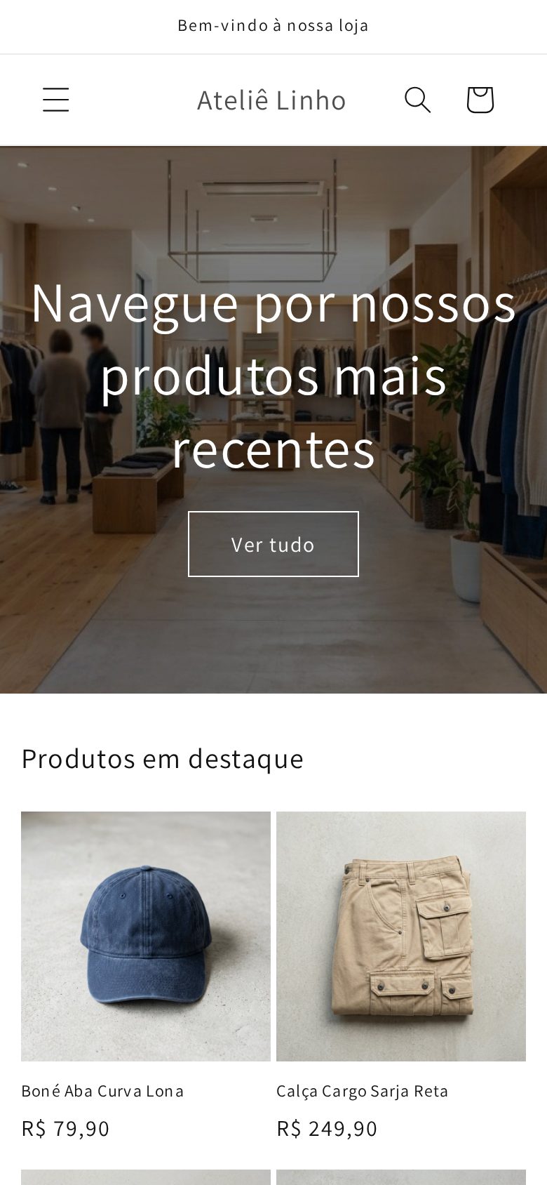 Loja no celular com o tema Dawn: menu de três linhas, banner com foto e produtos em destaque em duas colunas
