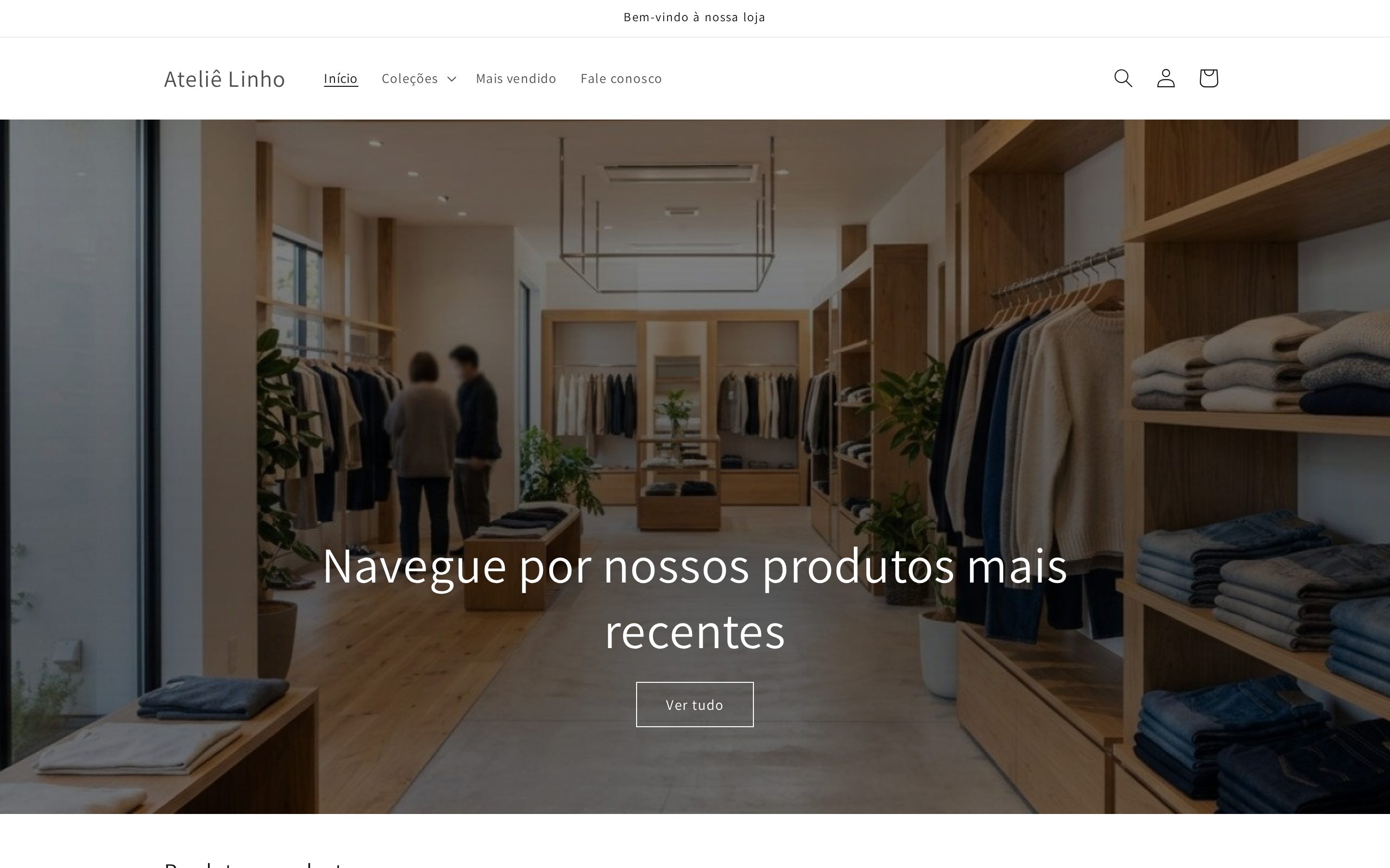 Loja Ateliê Linho rodando o tema Dawn, com o banner de imagem, o menu com Coleções e os ícones de busca, conta e carrinho