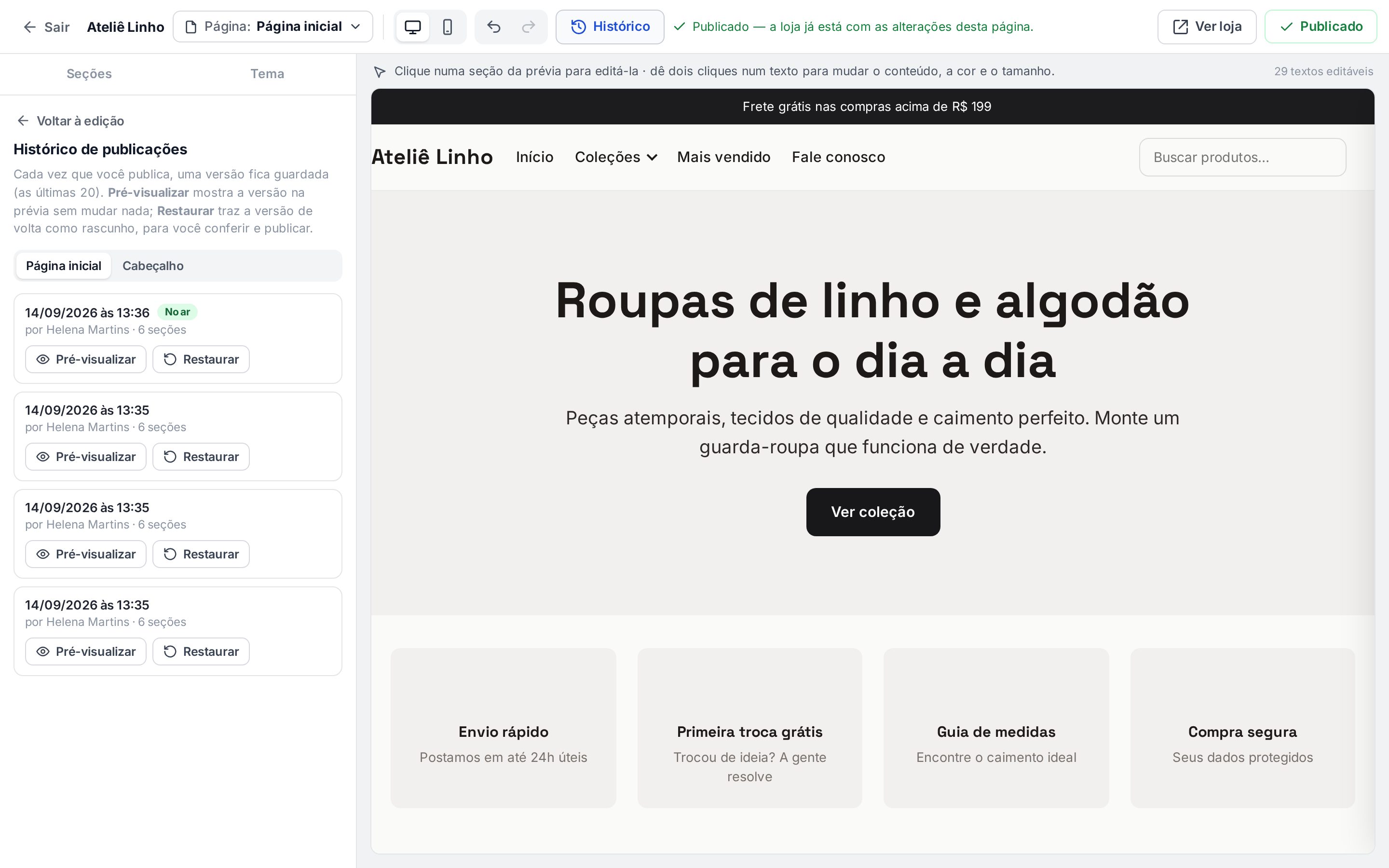 Histórico de publicações da página inicial da loja com quatro versões, a mais recente No ar, cada uma com Pré-visualizar e Restaurar