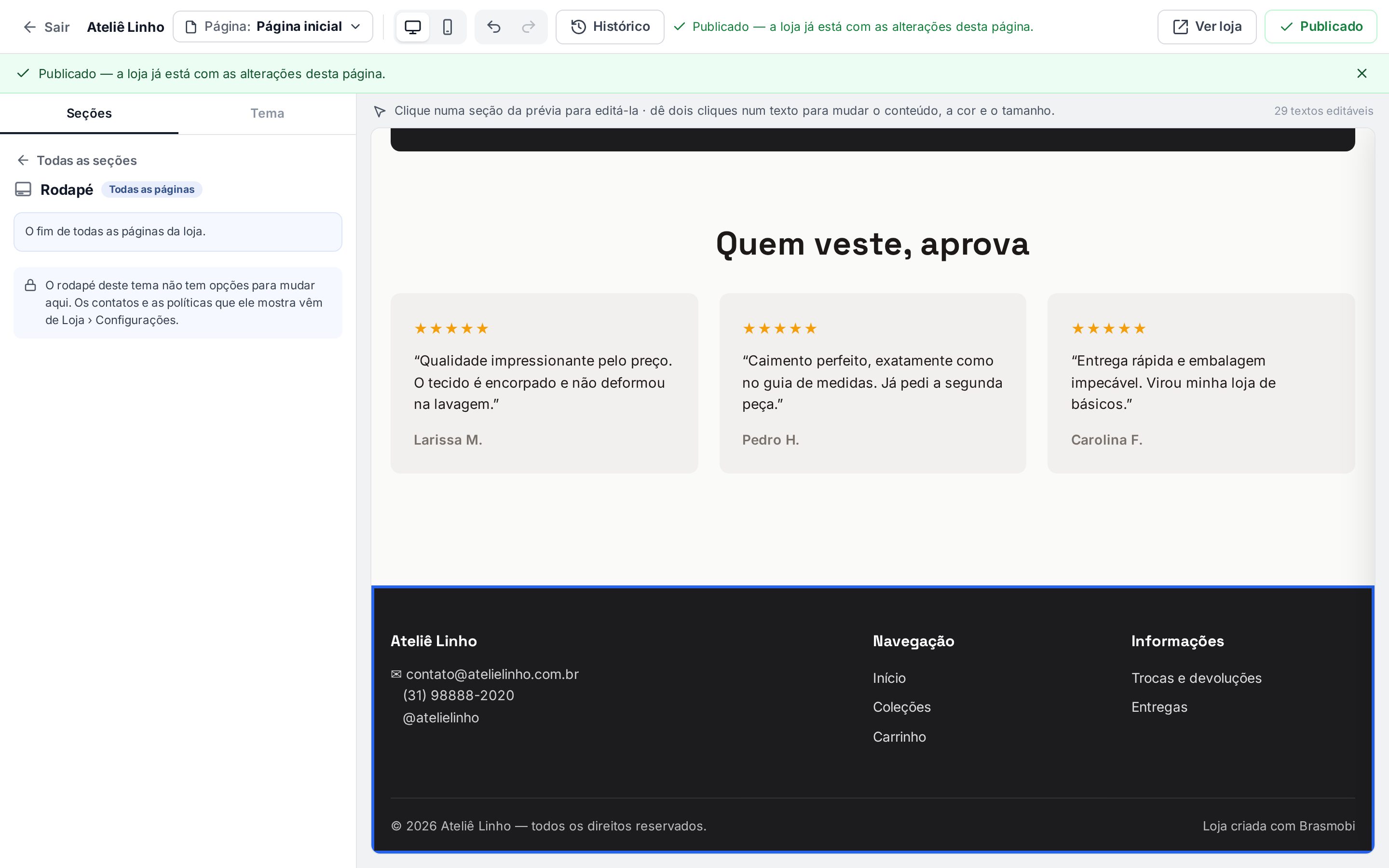Rodapé do tema Urbane no editor com o aviso de que o rodapé deste tema não tem opções e a prévia do rodapé com contatos, navegação e informações