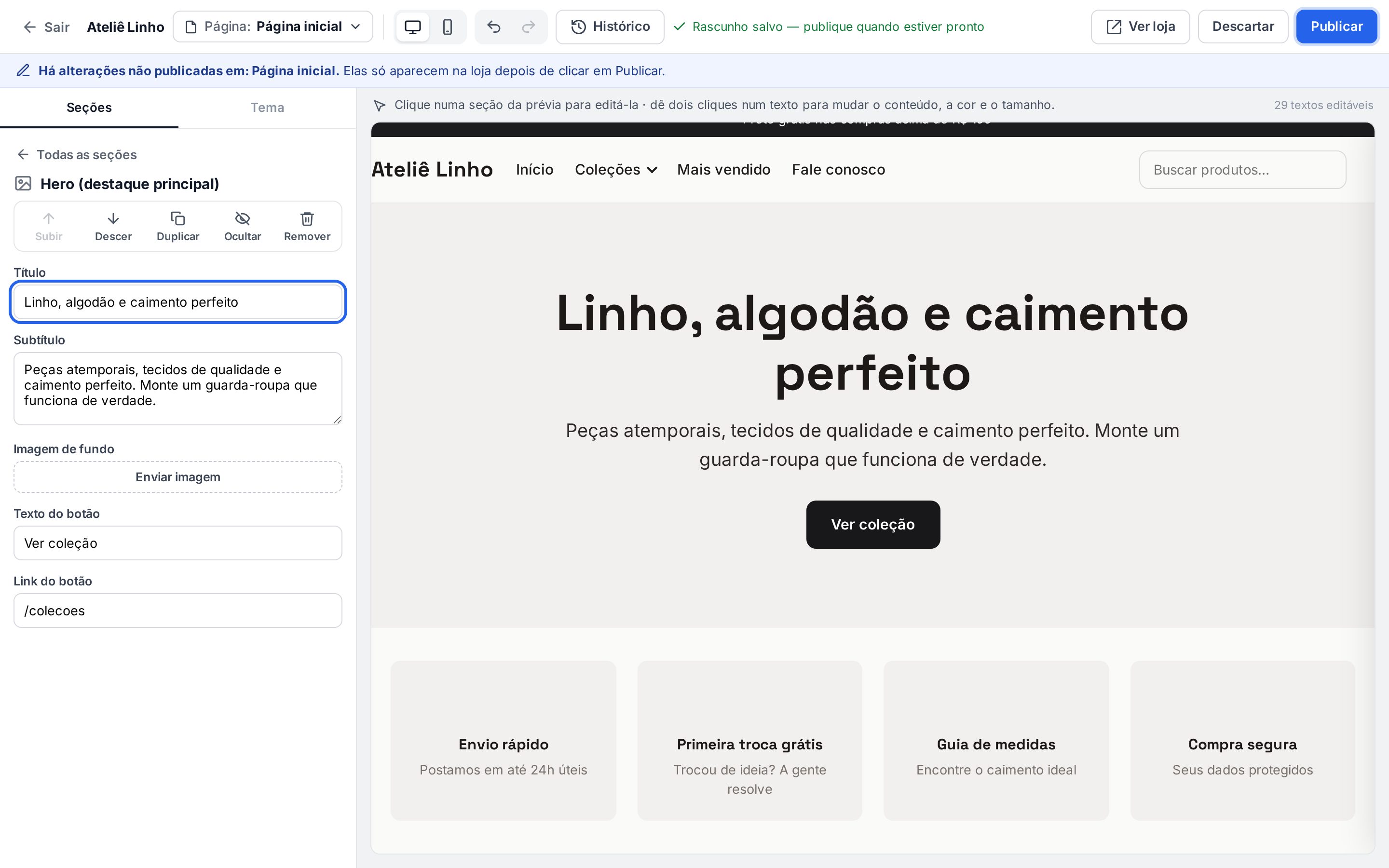Seção Hero aberta com Título, Subtítulo, Imagem de fundo, Texto do botão e Link do botão, e o novo título na prévia