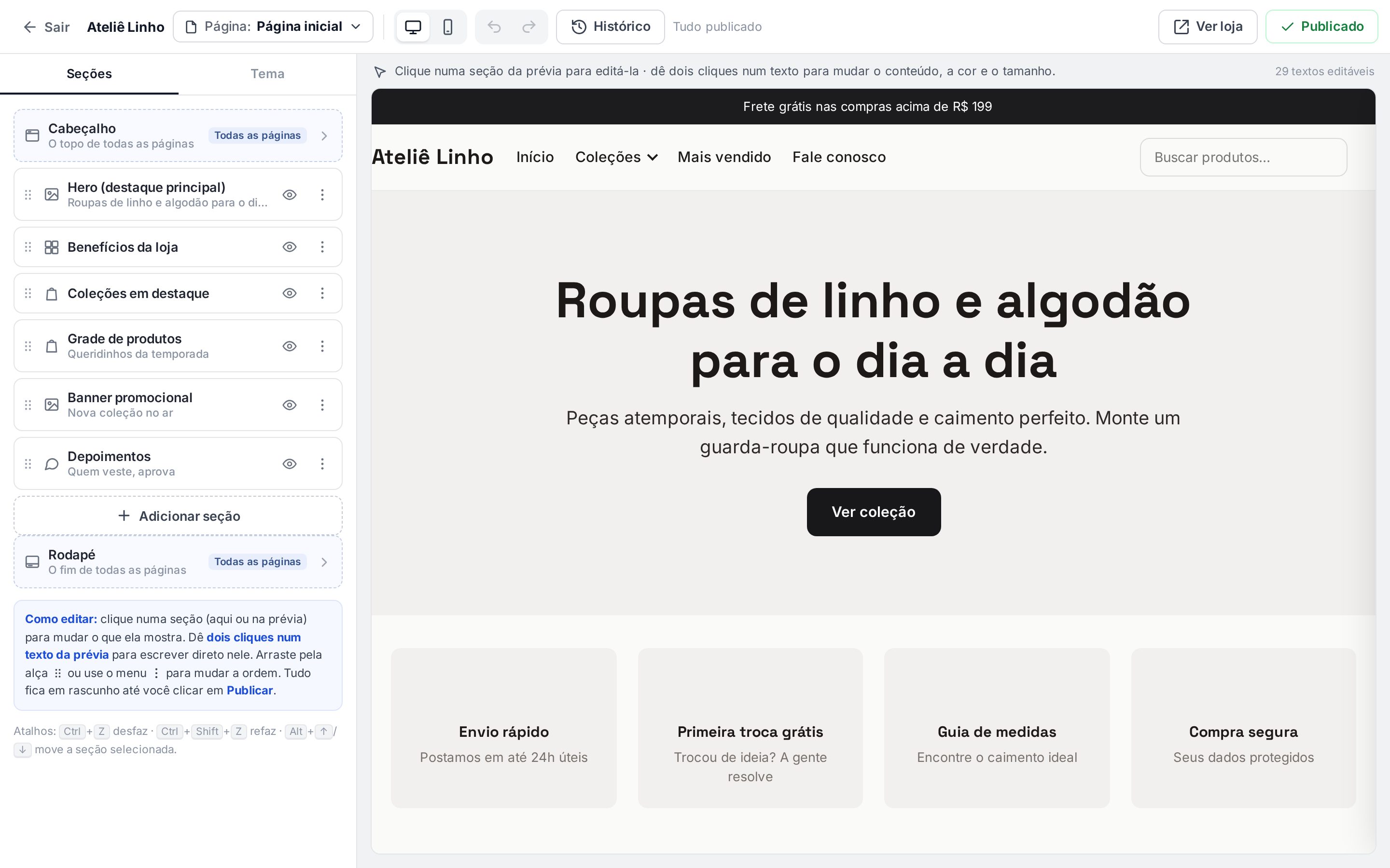 Editor da loja Ateliê Linho com o tema Urbane: lista de seções com Cabeçalho, Hero, Benefícios, Coleções em destaque, Grade de produtos, Banner, Depoimentos e Rodapé, e a prévia da loja