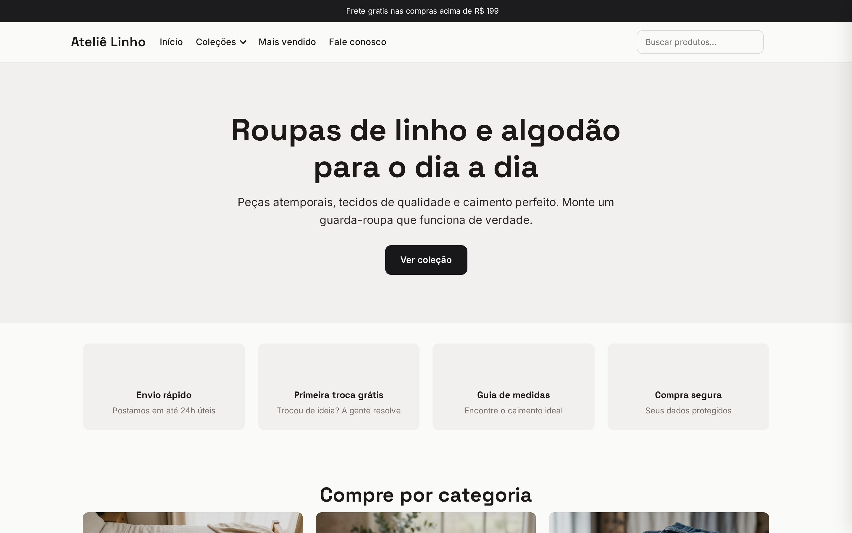 Loja Ateliê Linho no computador com o tema Urbane: barra de frete grátis, menu, hero e benefícios
