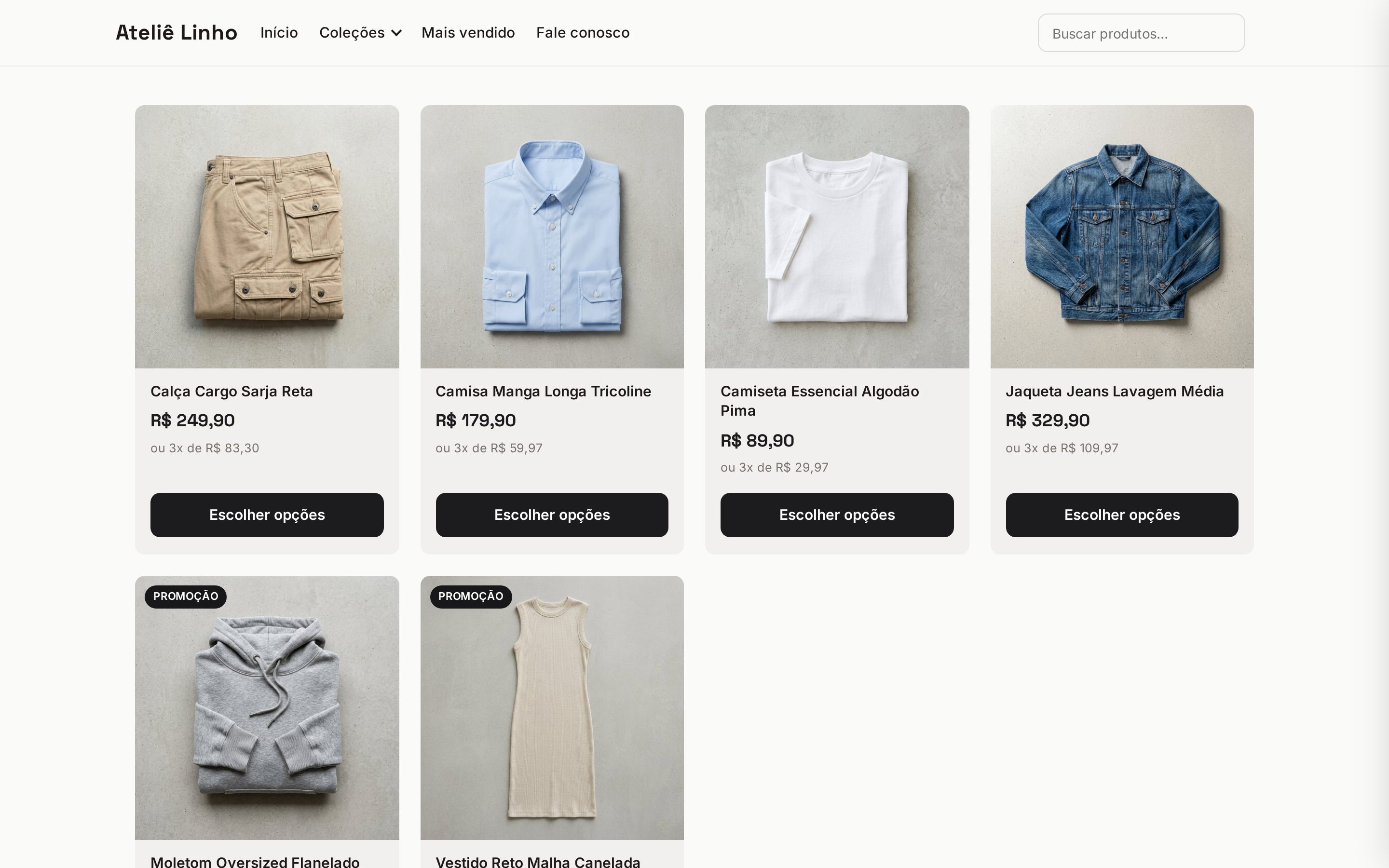 Grade de produtos da loja com fotos, preço, parcelamento, selo de promoção e botão Escolher opções