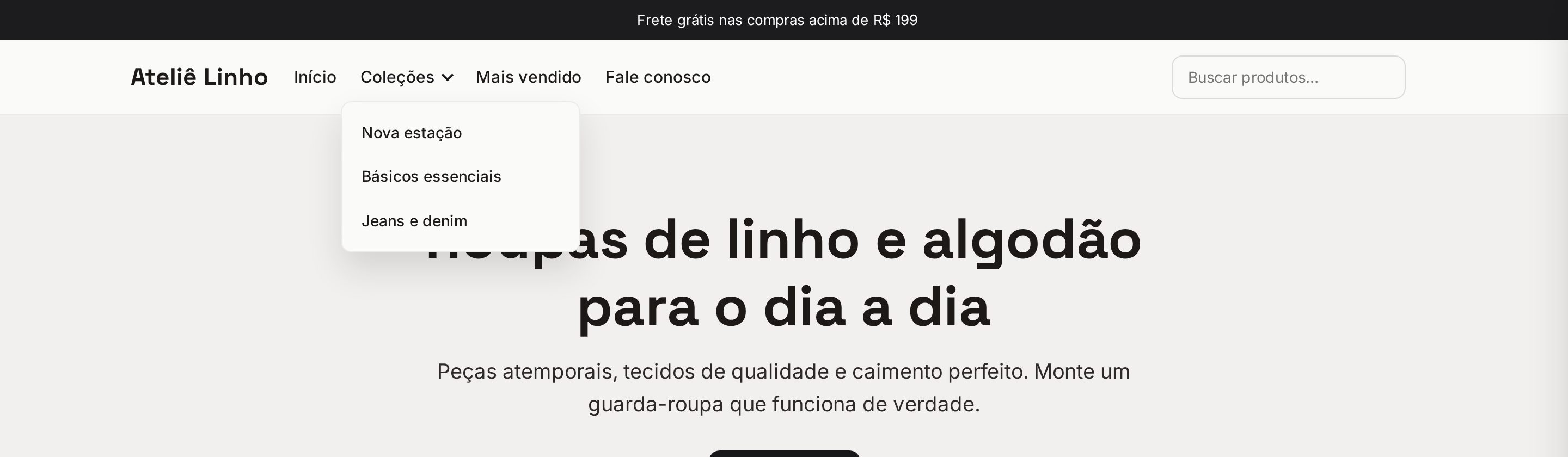 Cabeçalho da loja com o menu Coleções aberto mostrando Nova estação, Básicos essenciais e Jeans e denim
