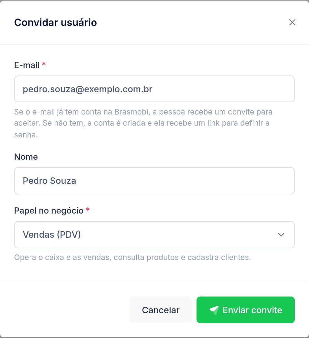 Janela Convidar usuário com os campos e-mail, nome e papel no negócio, e o botão Enviar convite