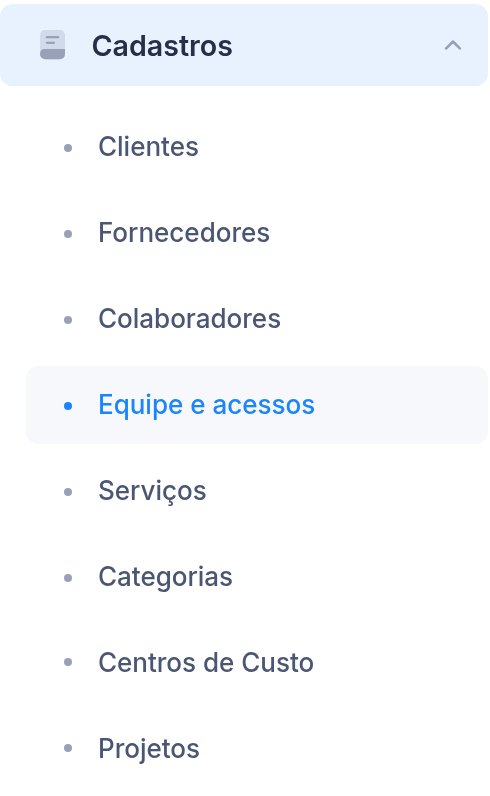 Menu lateral com Cadastros aberto: Clientes, Fornecedores, Colaboradores, Equipe e acessos, Serviços, Categorias, Centros de Custo e Projetos