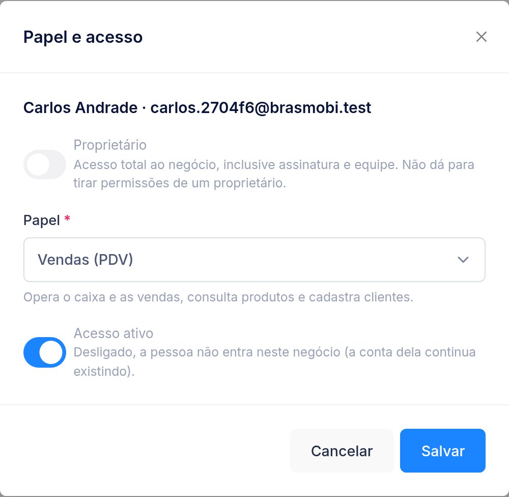 Janela Papel e acesso de Carlos Andrade com o interruptor Proprietário, o papel Vendas (PDV) selecionado e o interruptor Acesso ativo ligado