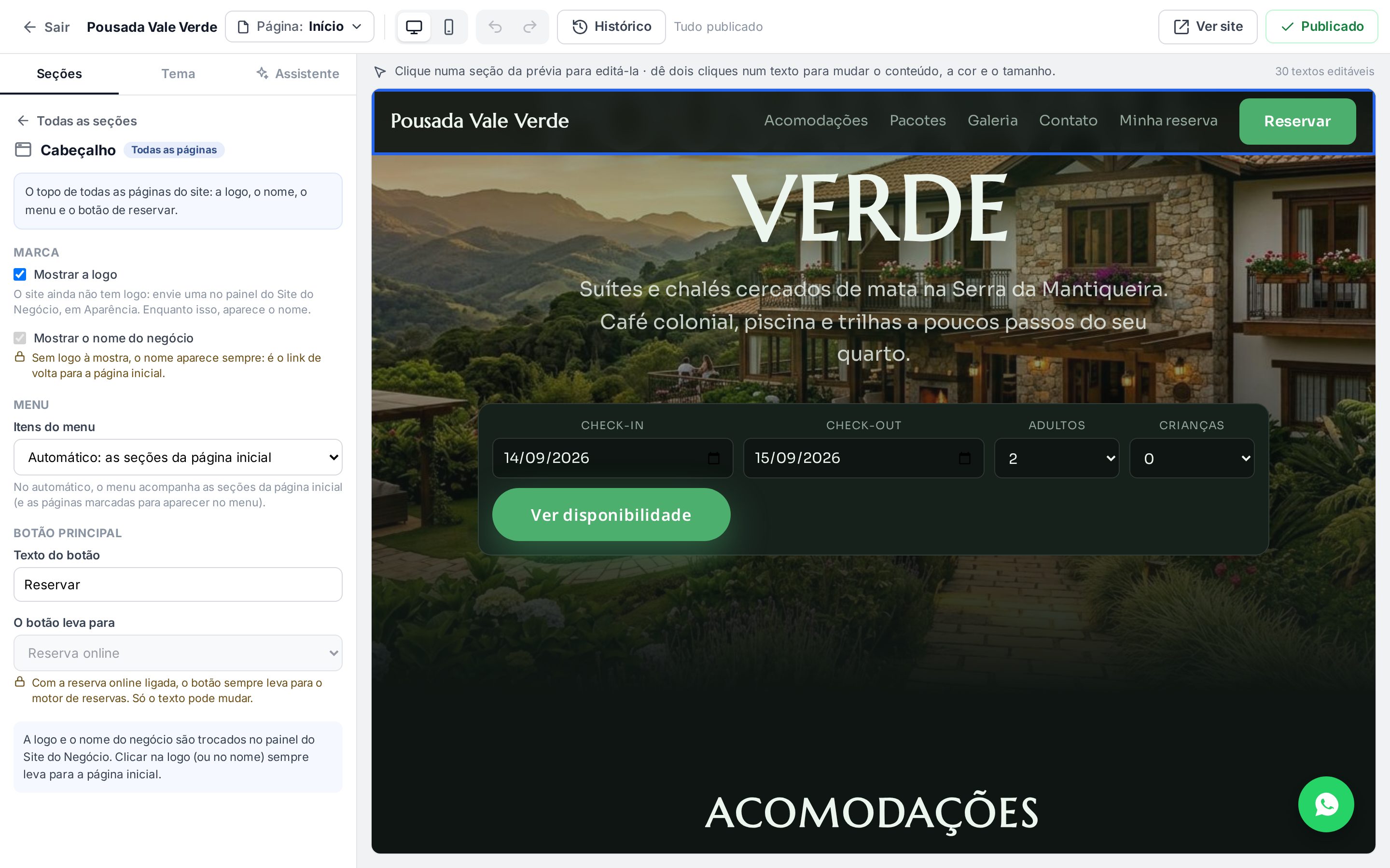 Painel do Cabeçalho com o botão Reservar e o destino travado em Reserva online