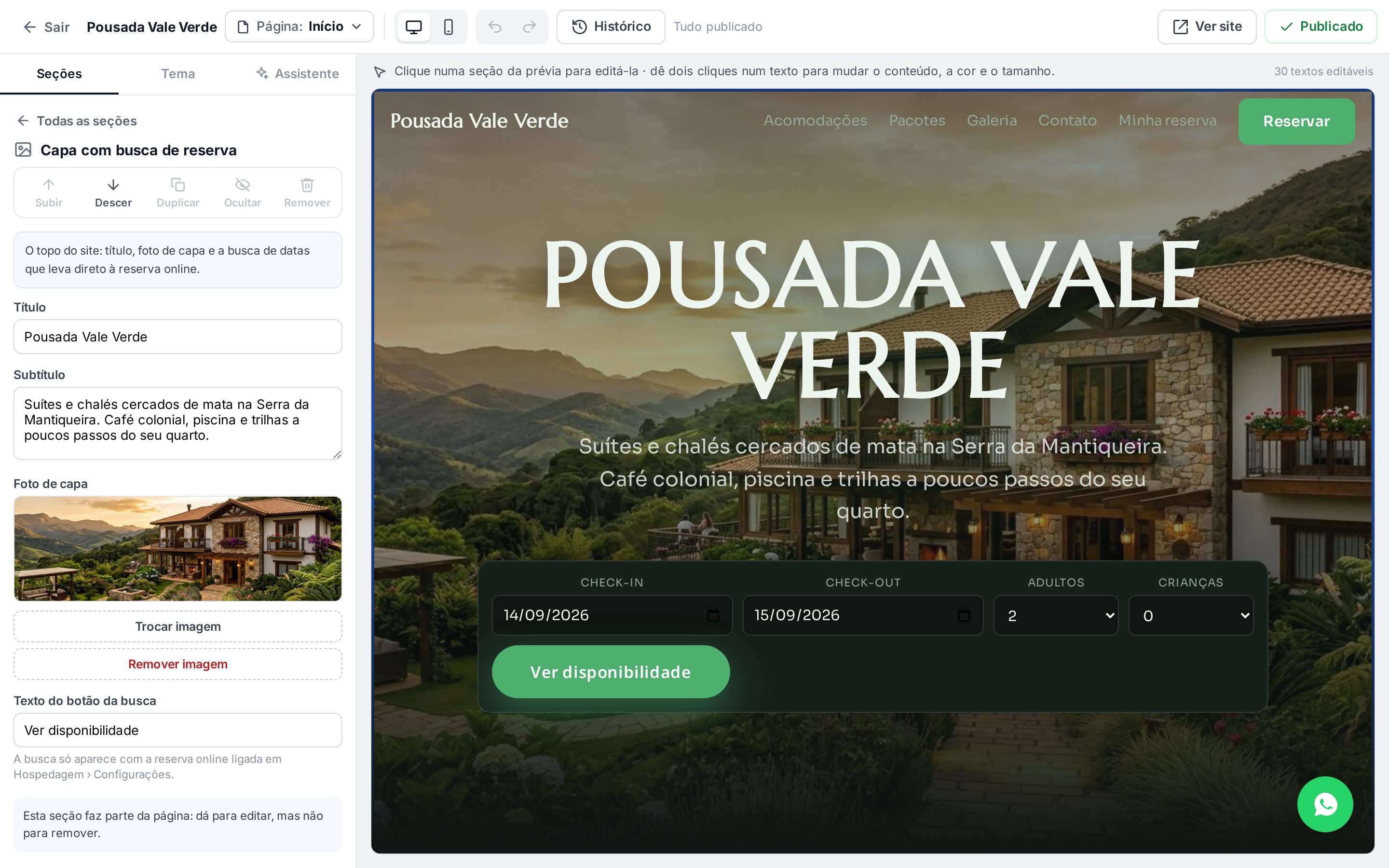 Painel da Capa com busca de reserva com título, subtítulo, foto de capa e texto do botão da busca, com Remover desligado