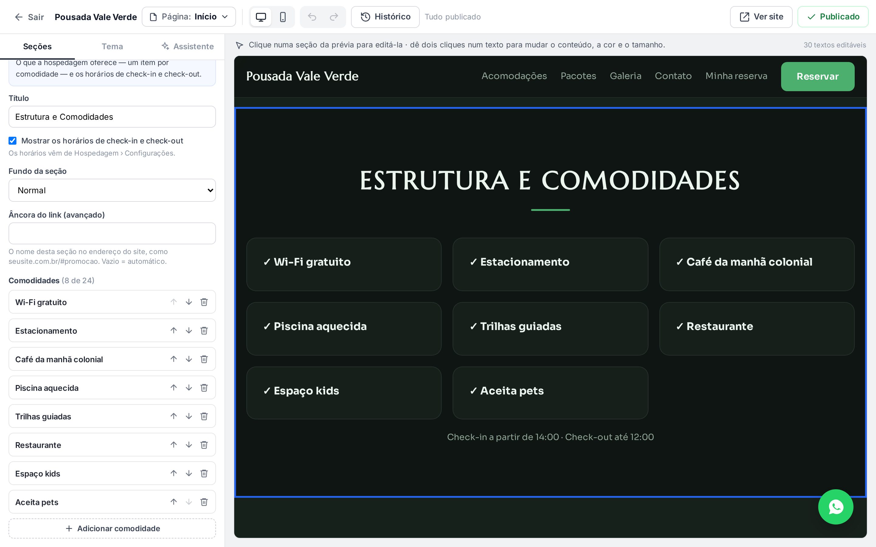 Seção Estrutura e comodidades com a lista de oito comodidades e o botão Adicionar comodidade