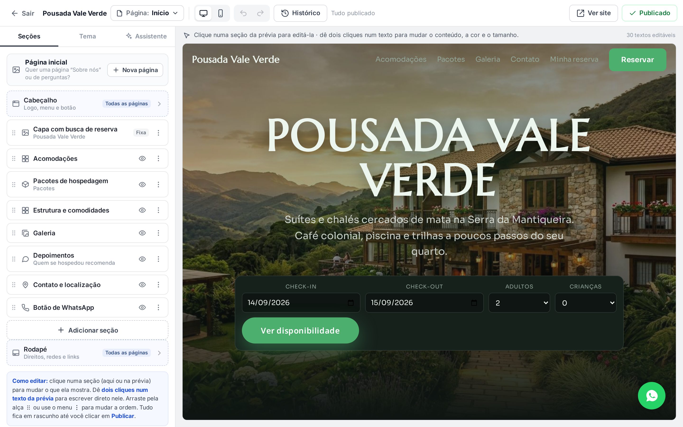 Editor visual da Pousada Vale Verde com a lista de seções e a Capa com busca de reserva marcada como Fixa