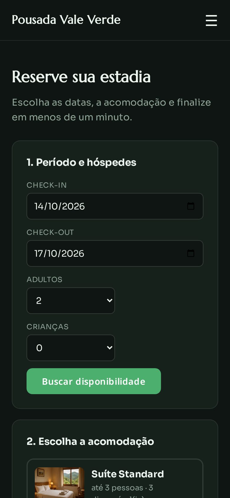 Página Reserve sua estadia no celular com período, hóspedes e a lista de acomodações