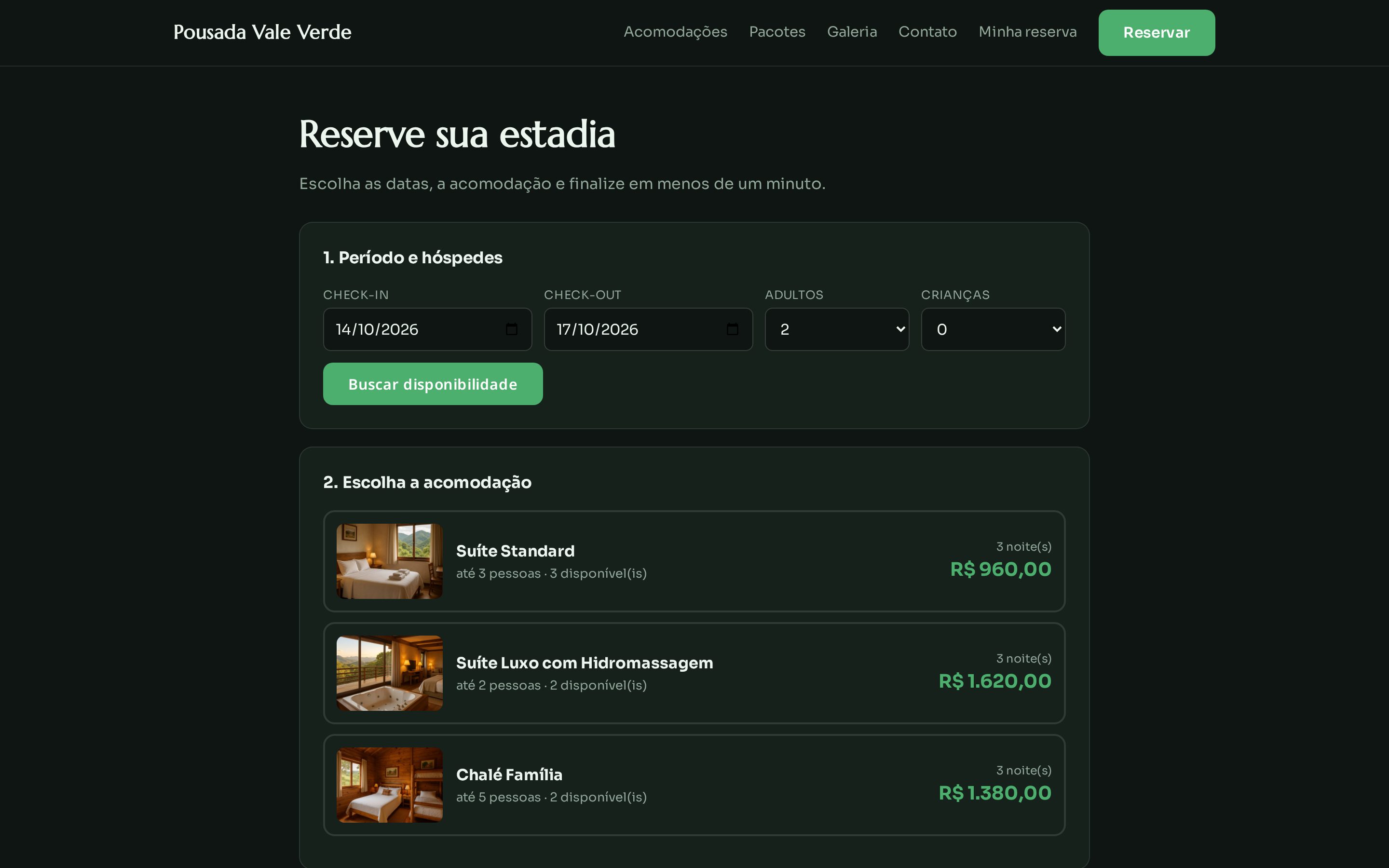 Página Reserve sua estadia com o período e as acomodações disponíveis para três noites com o valor total