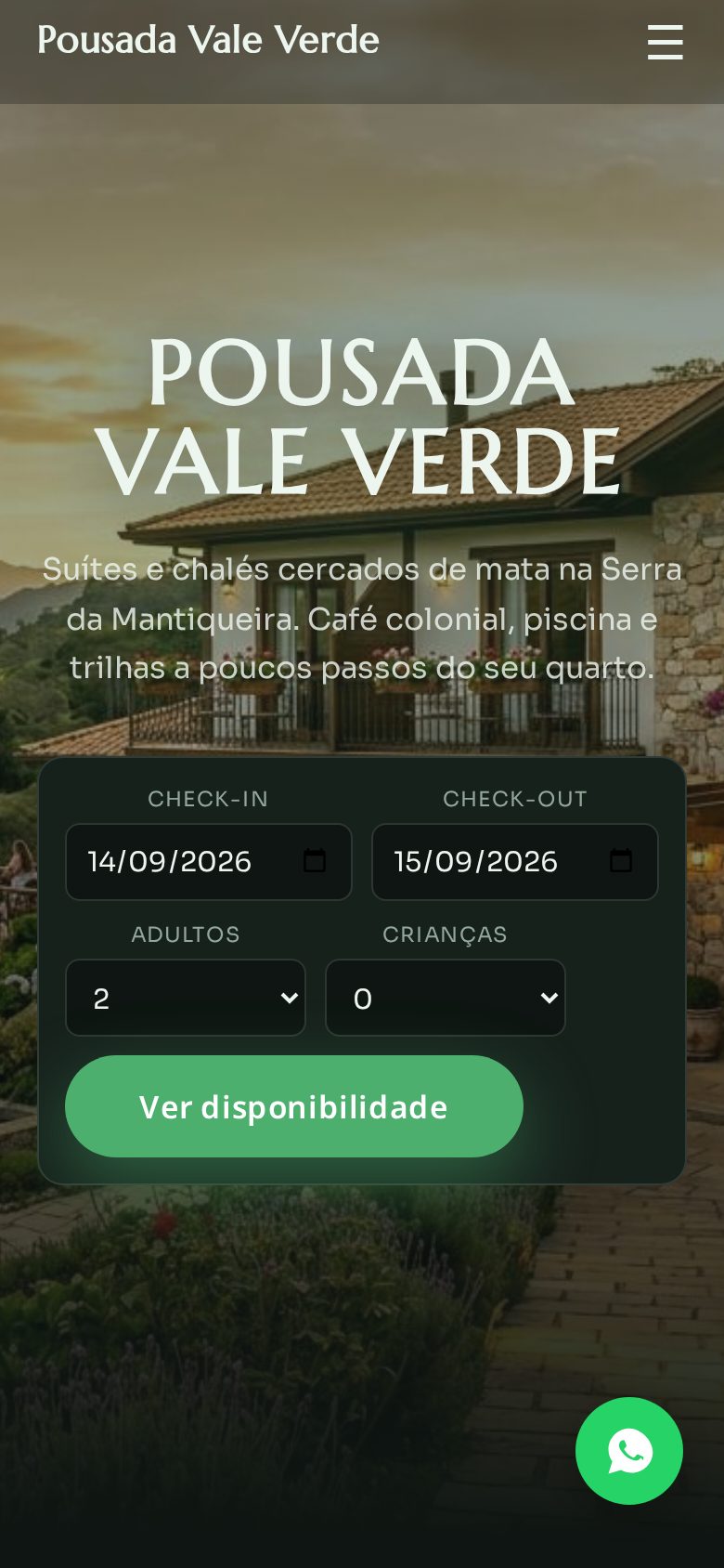 Site da pousada no celular com a capa e a busca de check-in e check-out