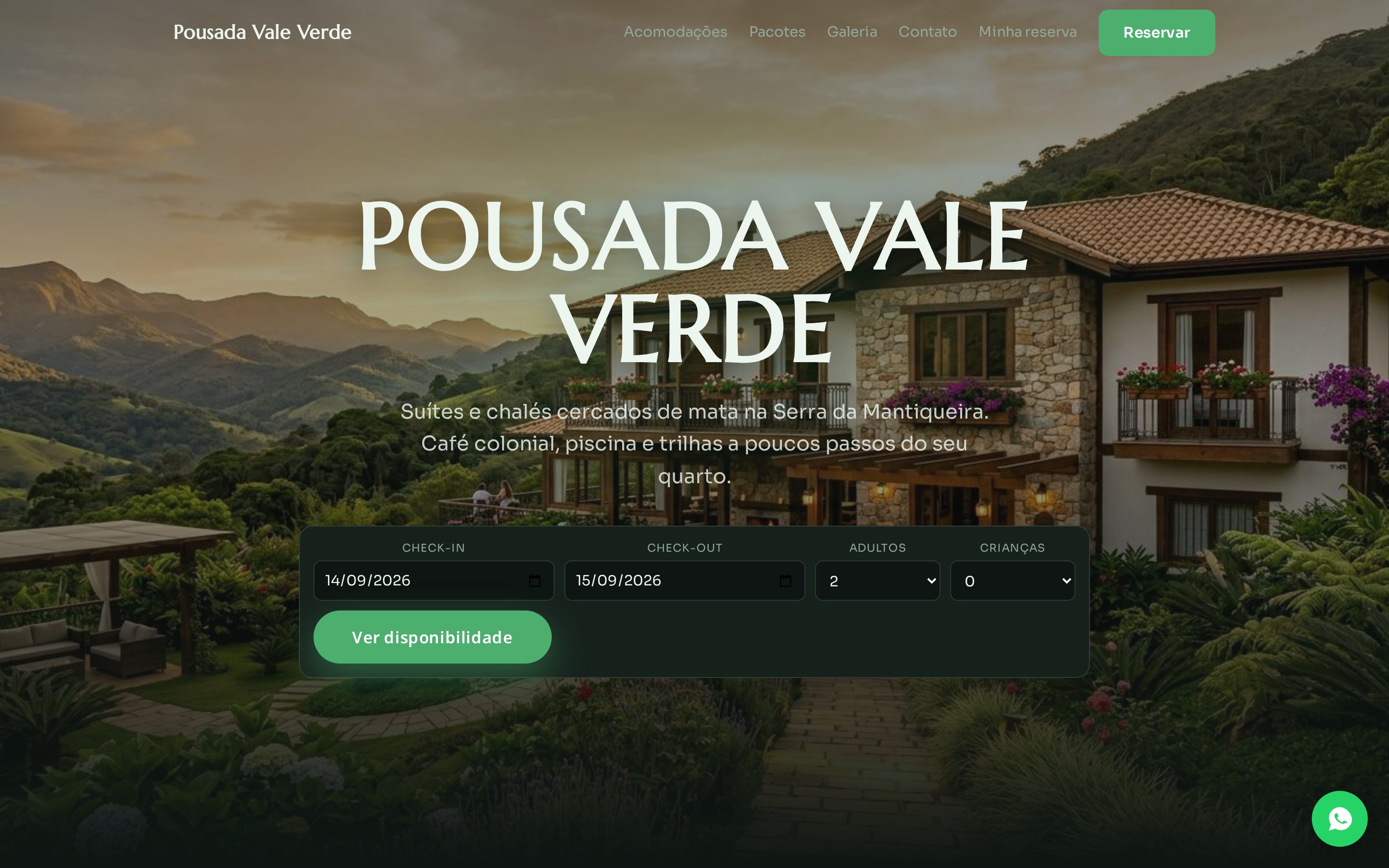 Site da Pousada Vale Verde com a capa em tela cheia e a busca de check-in, check-out, adultos e crianças