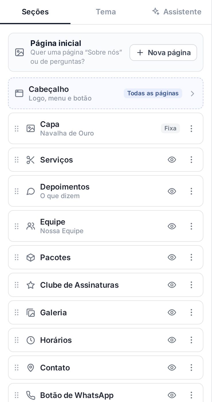 Lista de seções depois de arrastar Depoimentos para logo abaixo de Serviços