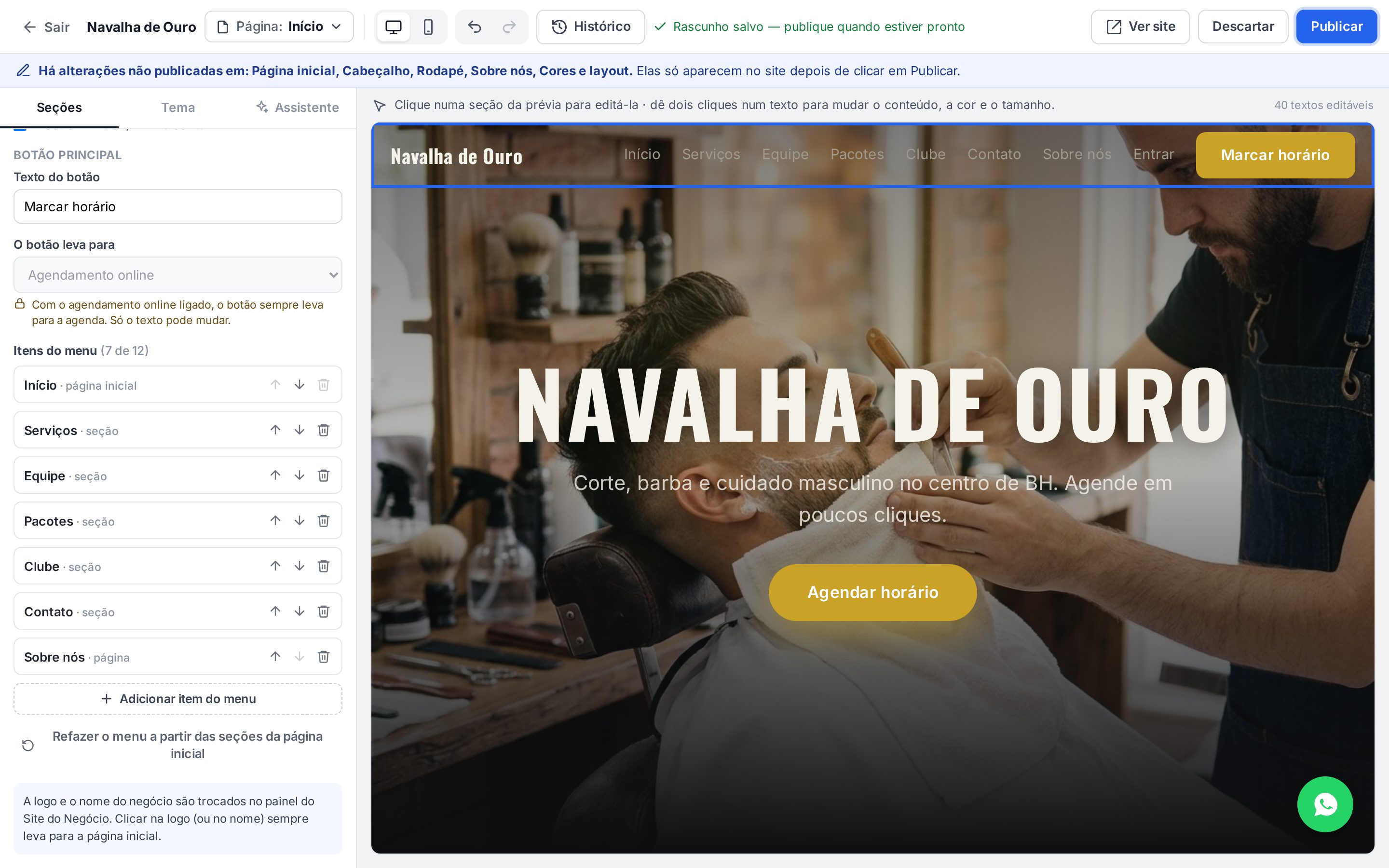 Menu personalizado com os itens Início, Serviços, Equipe, Pacotes, Clube, Contato e Sobre nós e o botão Marcar horário