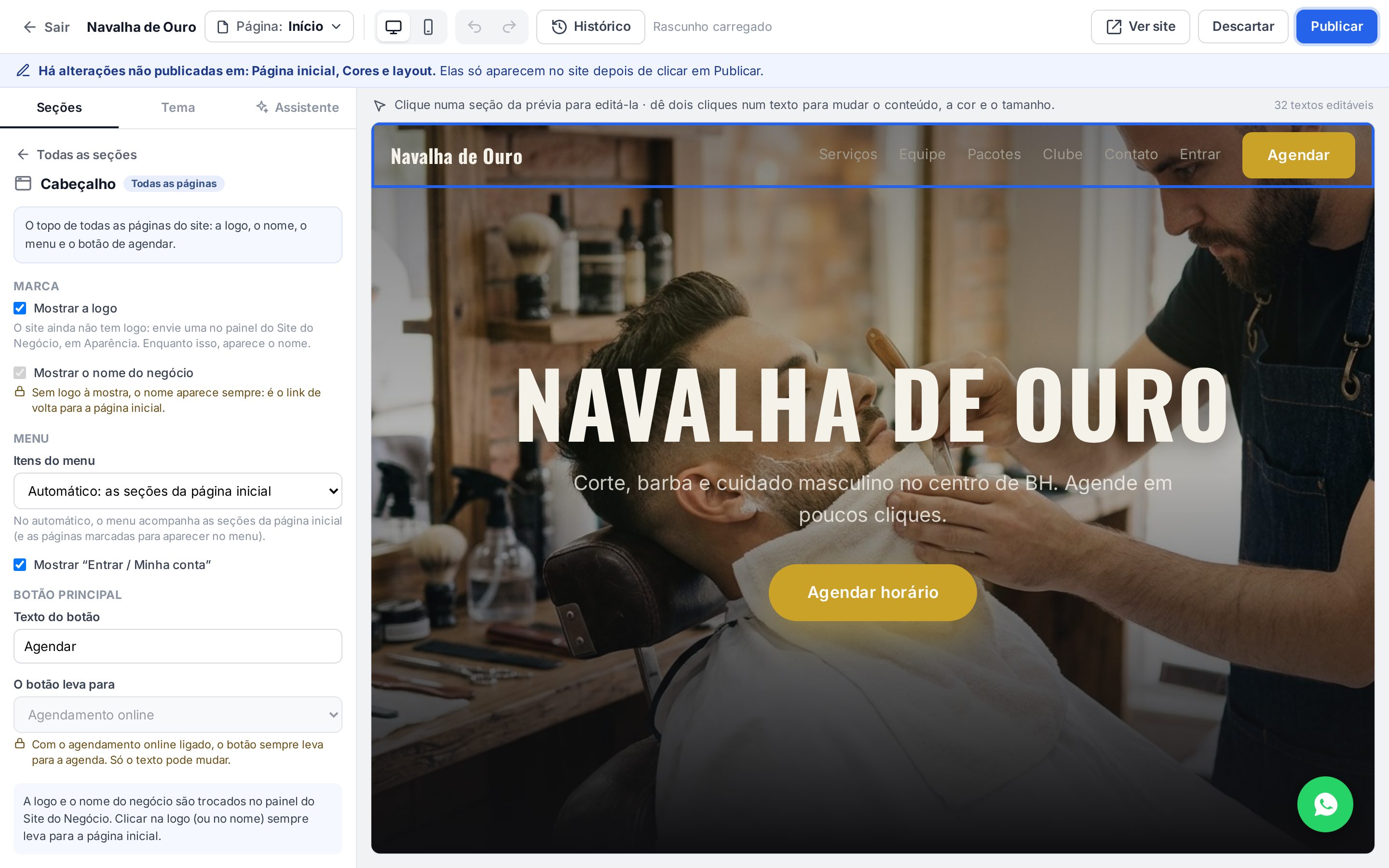 Painel do Cabeçalho com Marca, Itens do menu automático, Mostrar Entrar e Botão principal com o destino travado em Agendamento online
