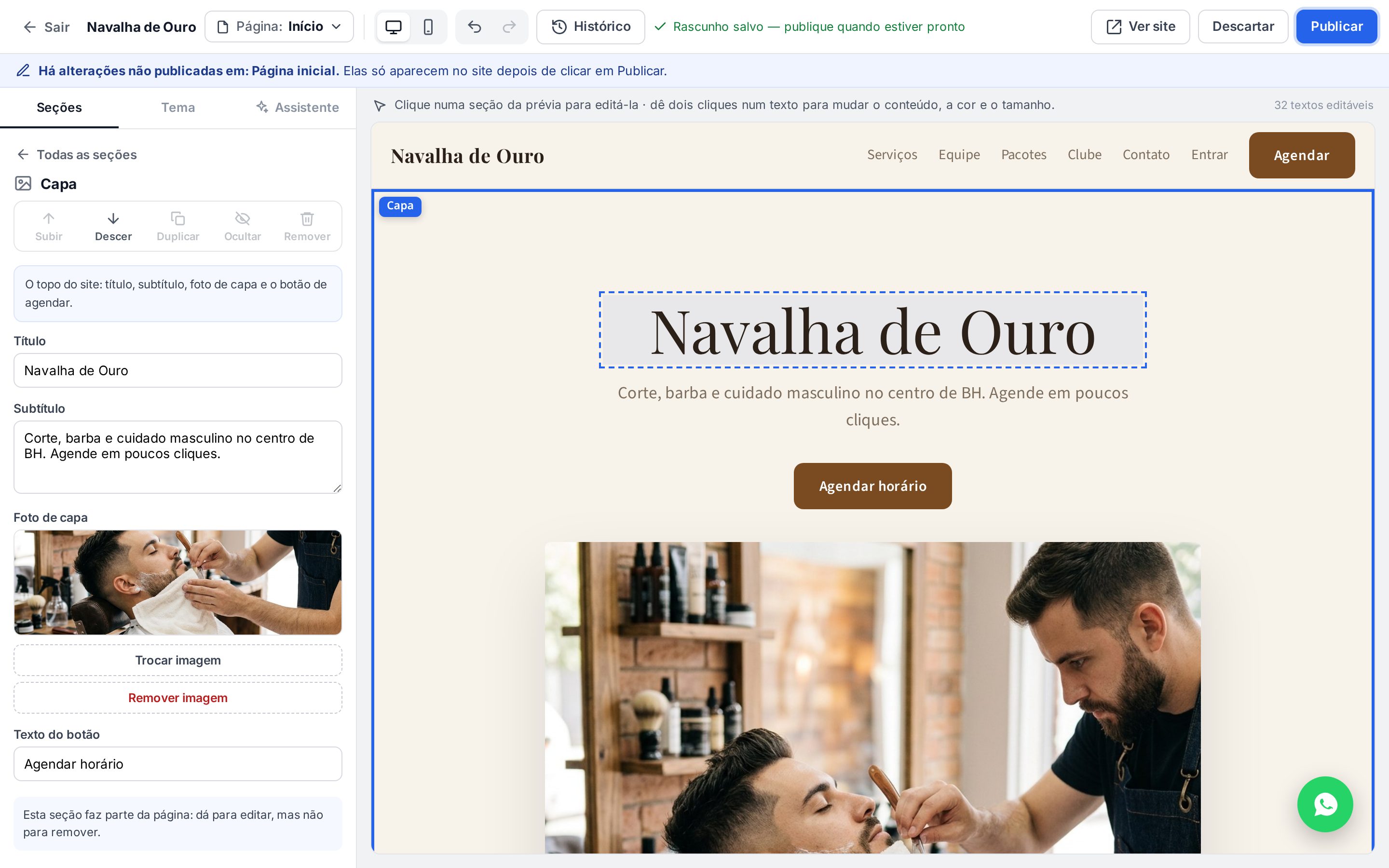 Painel da seção Capa com os campos Título, Subtítulo, Foto de capa e Texto do botão