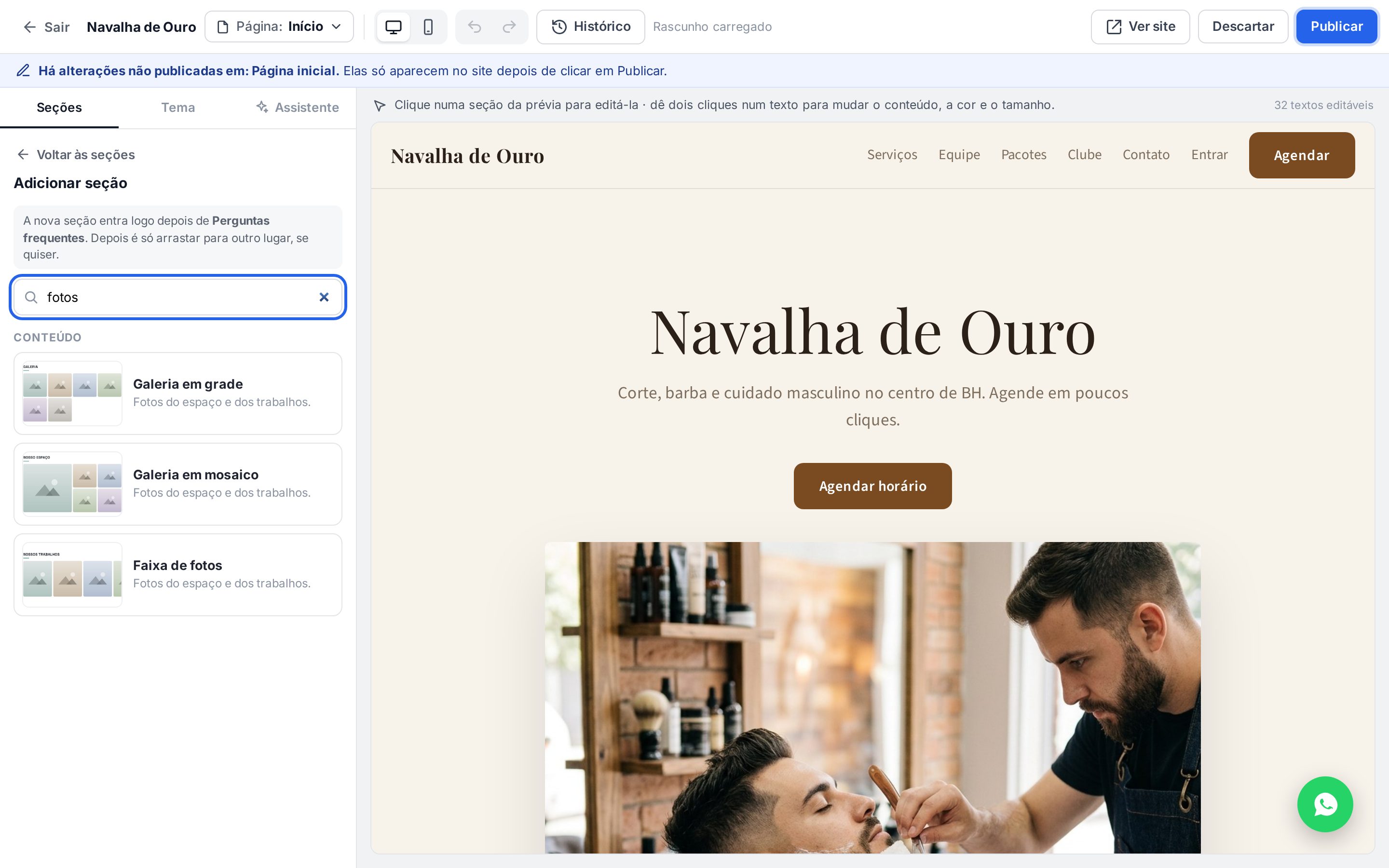 Catálogo de seções com a busca fotos mostrando Galeria em grade, Galeria em mosaico e Faixa de fotos
