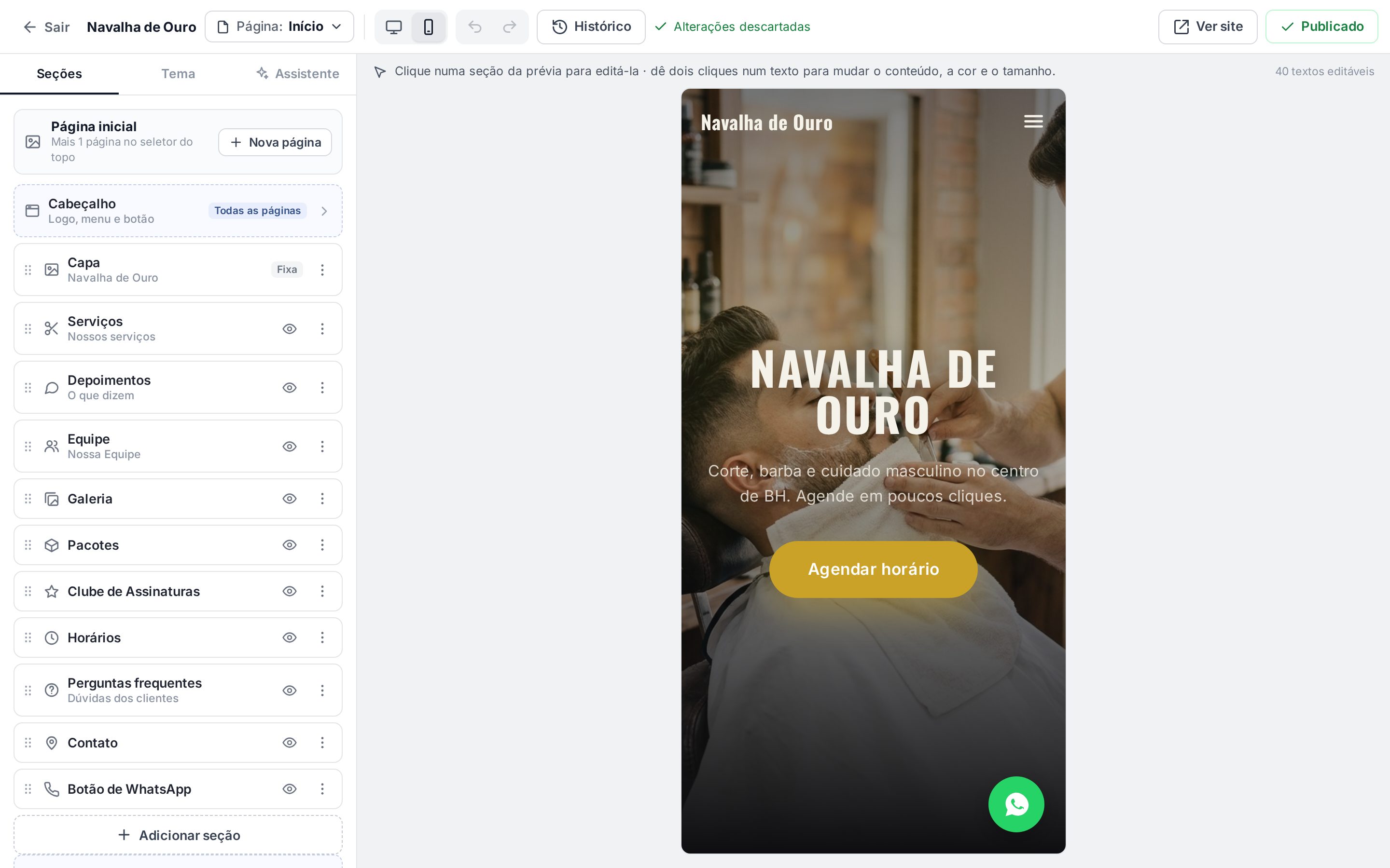 Editor com a prévia no modo celular, mostrando a capa estreita com o menu de três linhas