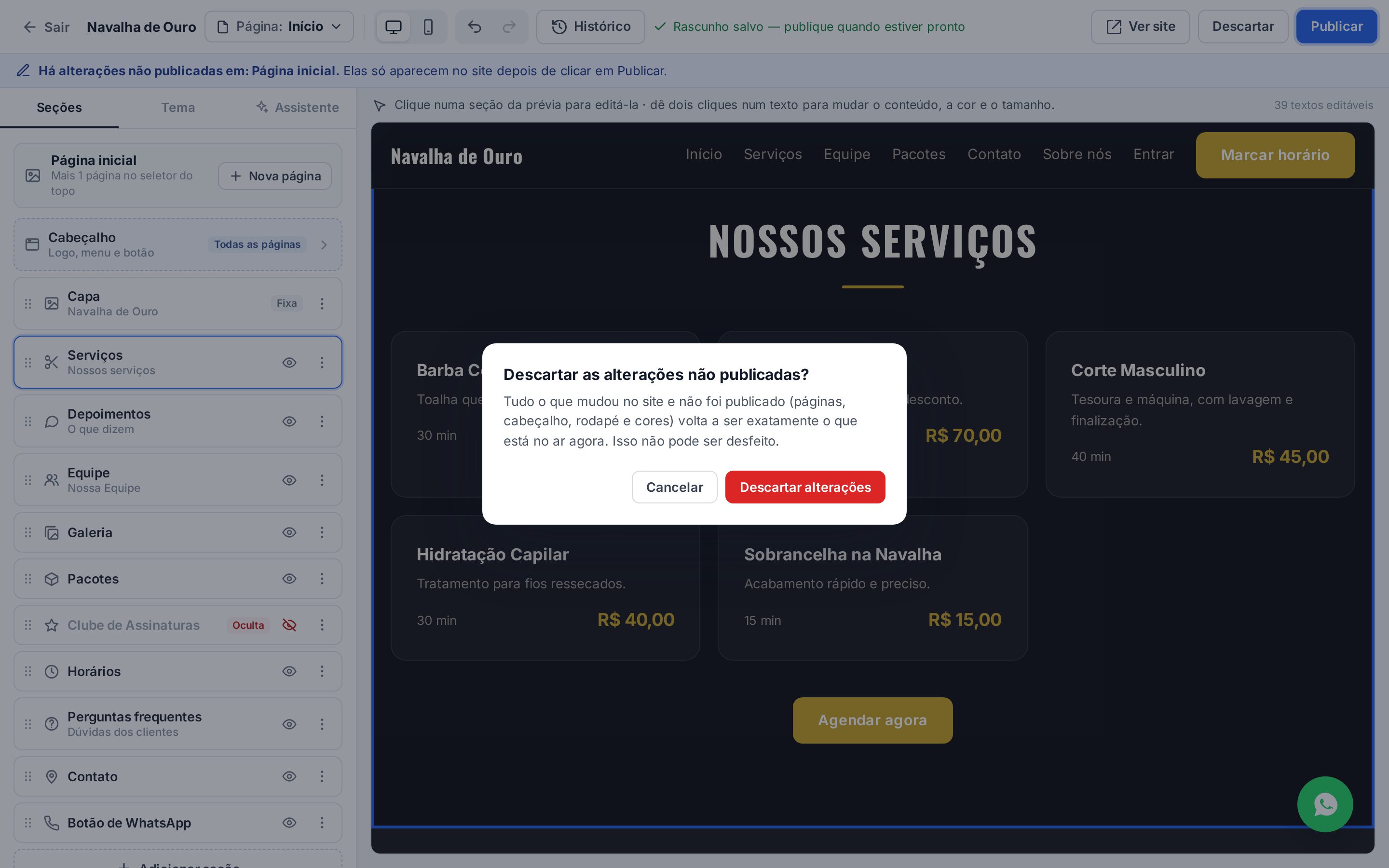 Confirmação Descartar as alterações não publicadas com os botões Cancelar e Descartar alterações