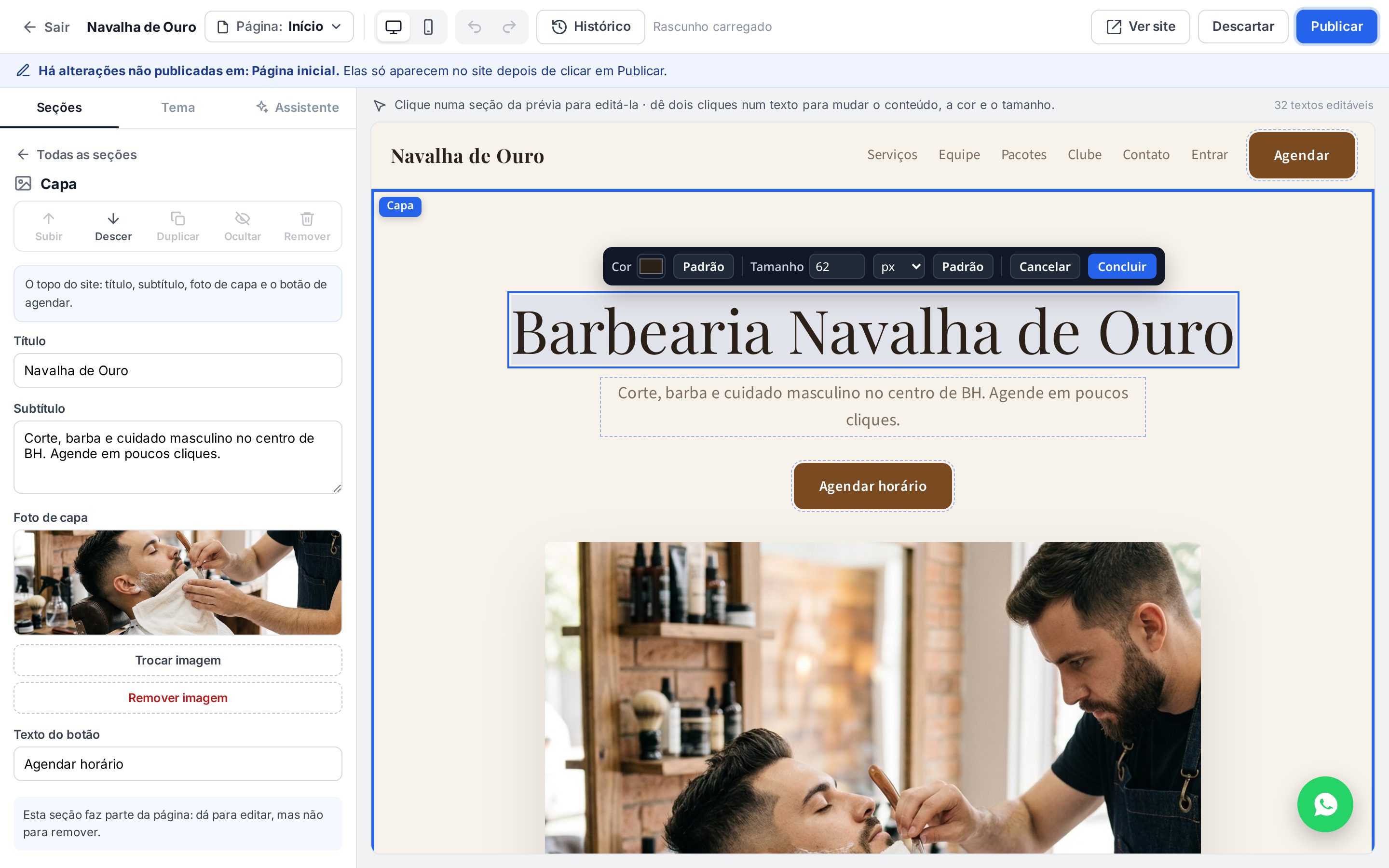 Título da capa em edição na prévia, com a barra de cor, tamanho, Cancelar e Concluir acima do texto