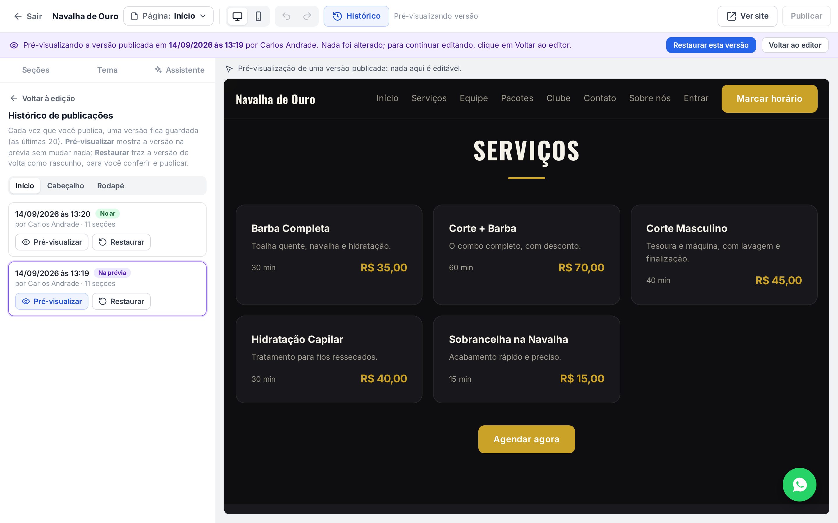 Pré-visualização de uma versão antiga com a faixa lilás, os botões Restaurar esta versão e Voltar ao editor, e a seção Serviços com o título antigo