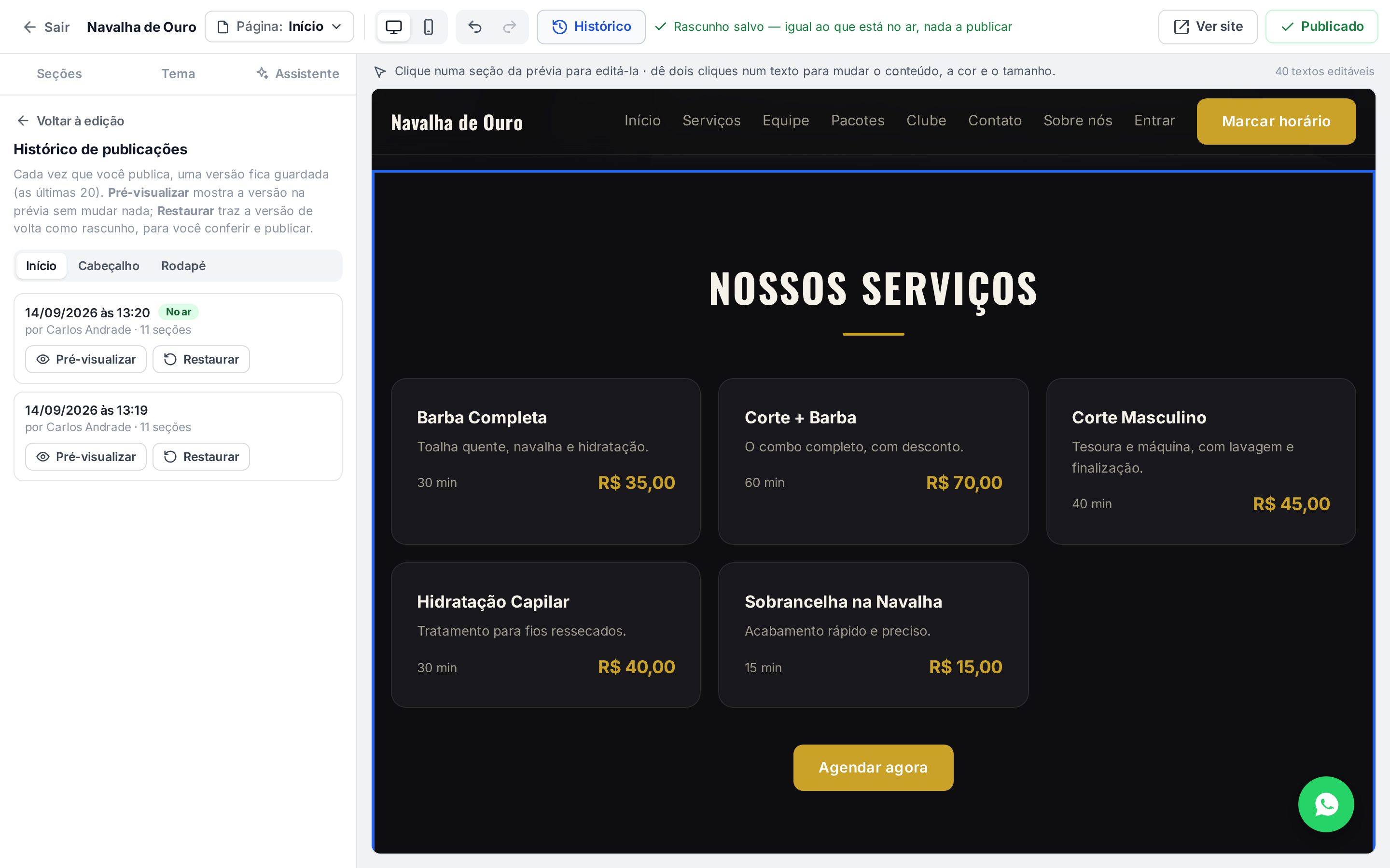 Histórico de publicações com duas versões da página inicial, a mais recente marcada No ar, cada uma com Pré-visualizar e Restaurar
