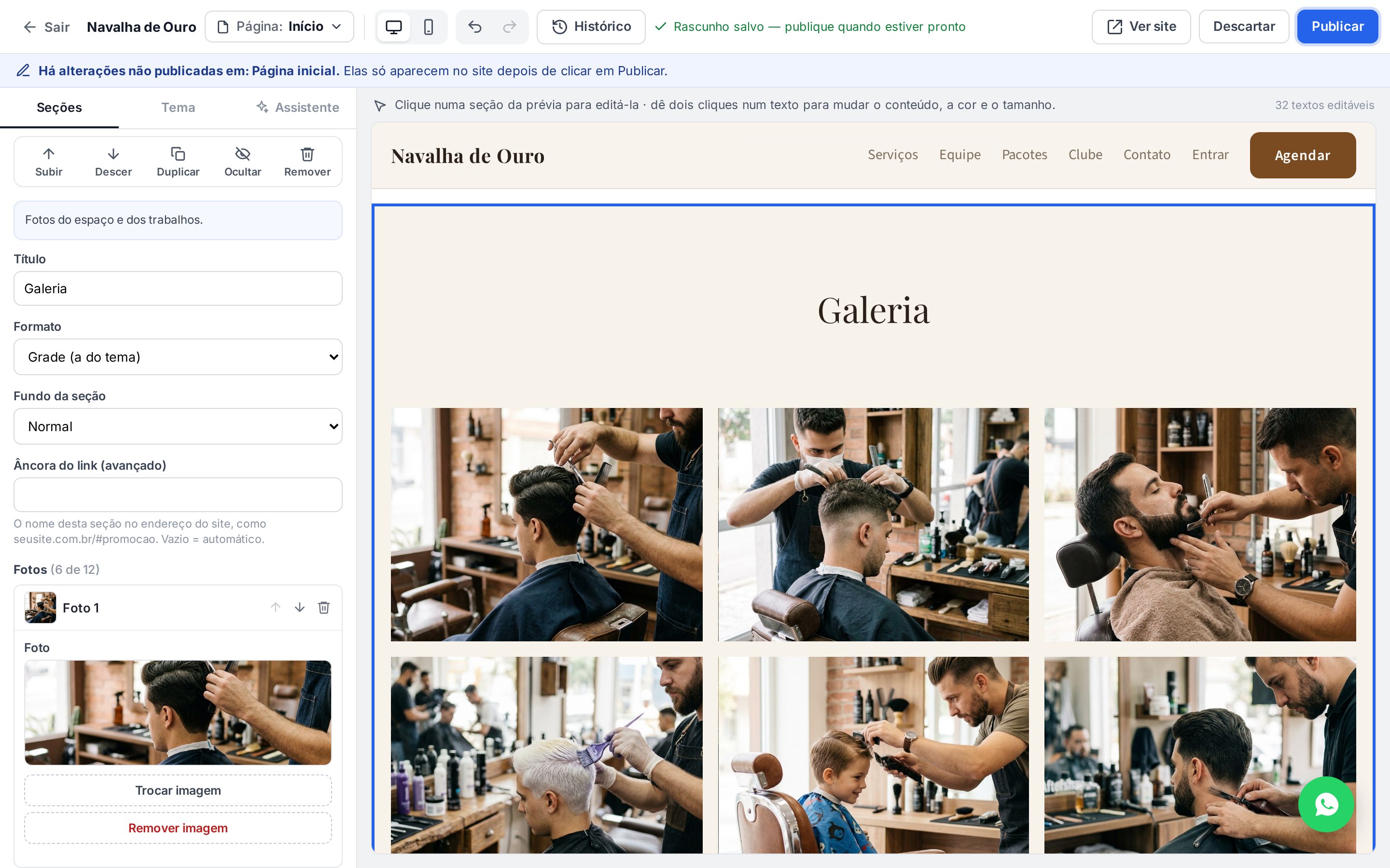 Seção Galeria aberta com formato, fundo e a lista de fotos, com a Foto 1 expandida mostrando Trocar imagem e Remover imagem