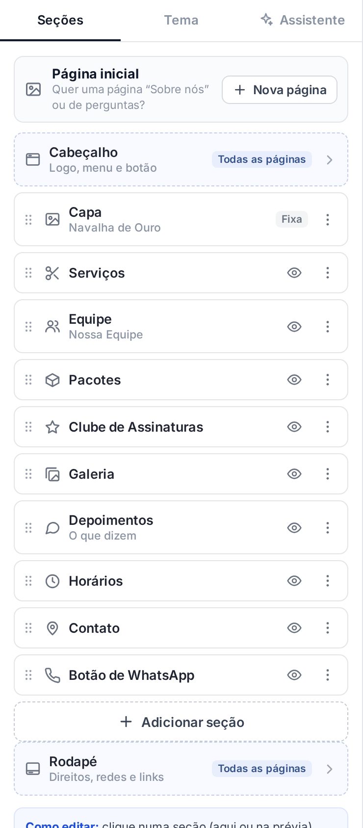 Lista de seções do site: Capa, Serviços, Equipe, Pacotes, Clube, Galeria, Depoimentos, Horários, Contato e Botão de WhatsApp